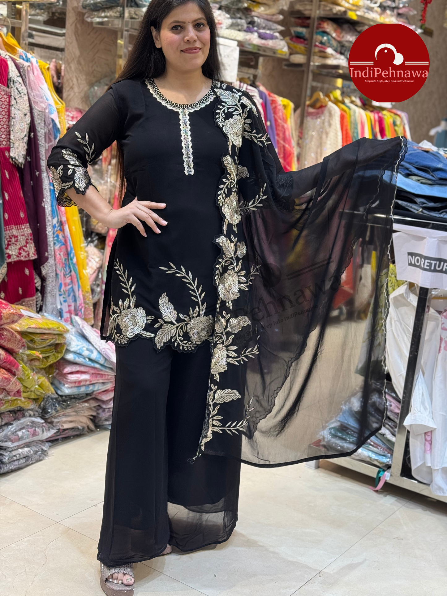 Blossom Edition Black Tilla Work Suit in Flowing Georgette – Indipehnawa