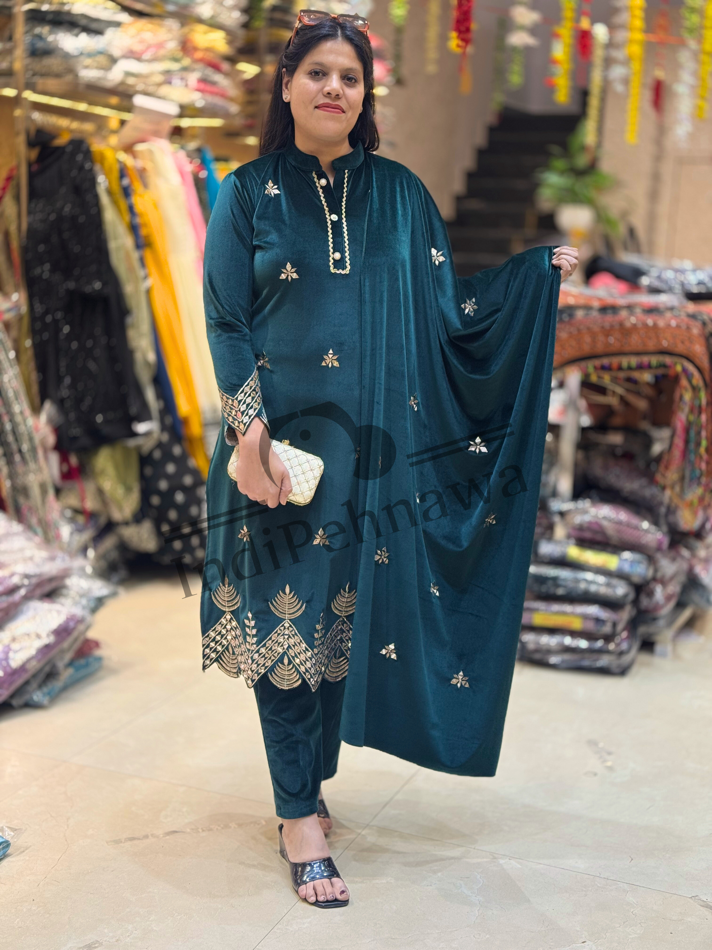 Grace & Glamour Thread Embroidered Velvet Suit
