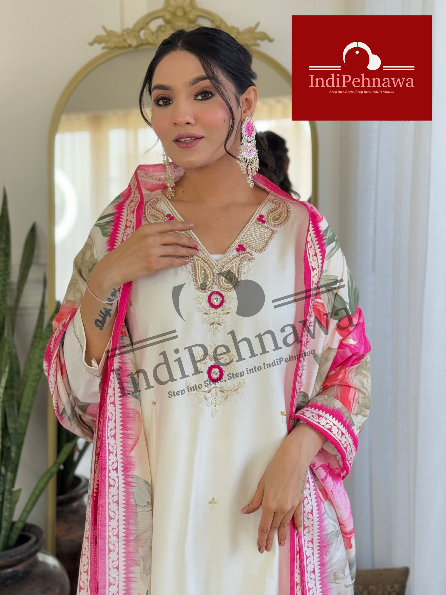 INDIPEHNAWA SATRANGI SILK PREMIUM SUIT WITH DIGITAL BANRASI DUPPATA