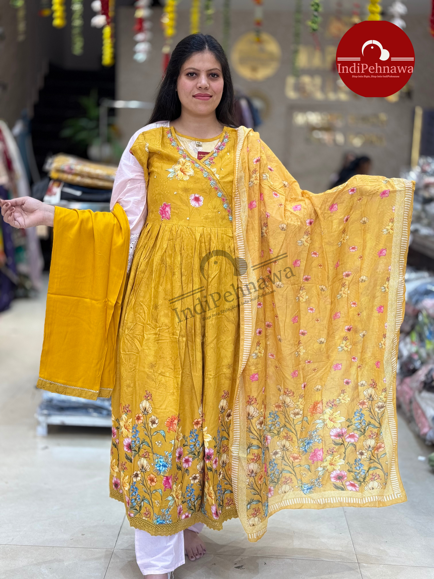 Mustard Flair Floral Royal Flare Anarkali Suit With Full Length Dupatta