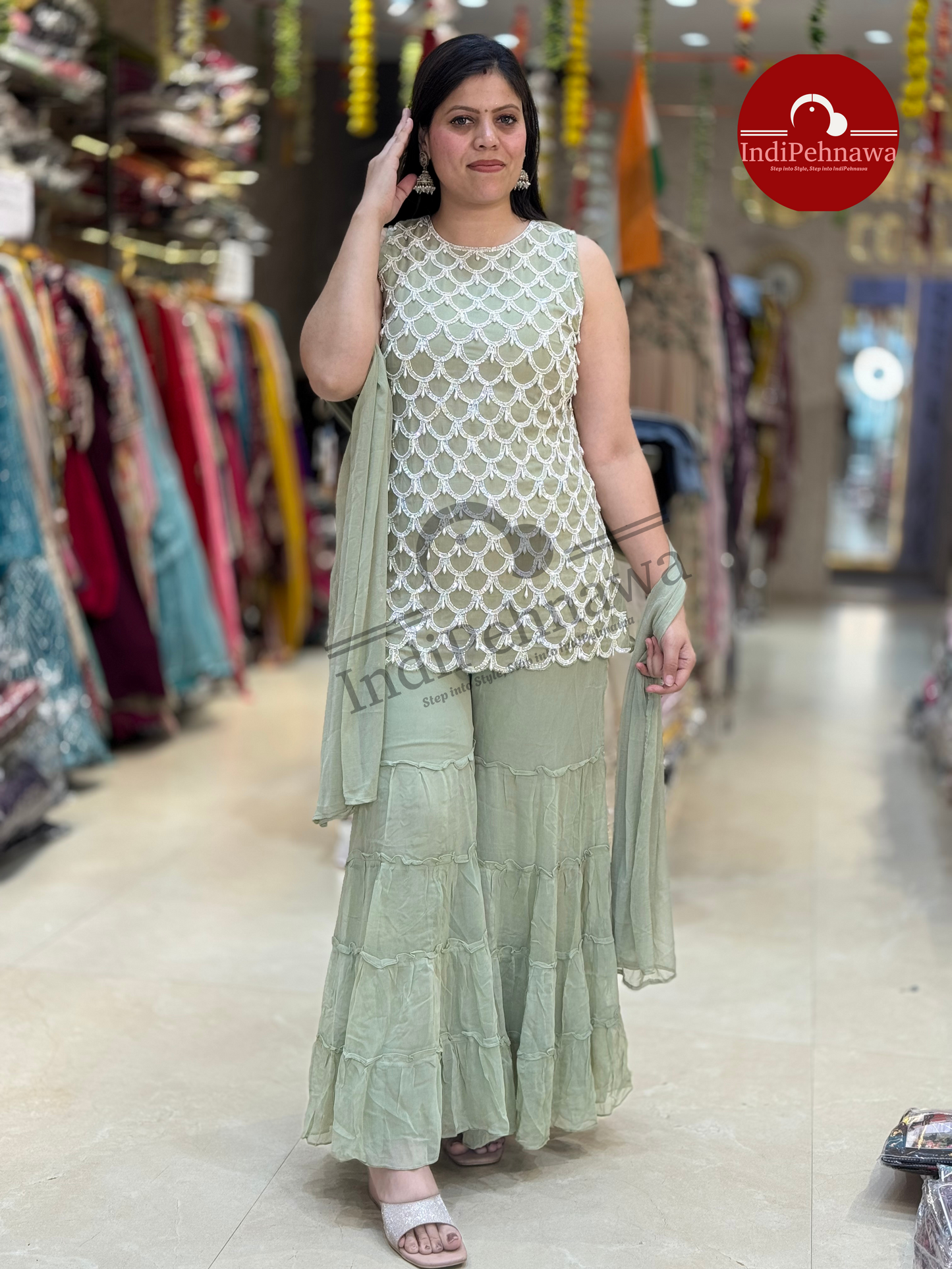PASTEL COLOR PARTY WEAR GEORGET KURTI SHARARA WITH ORIGNAL PEARL WORK