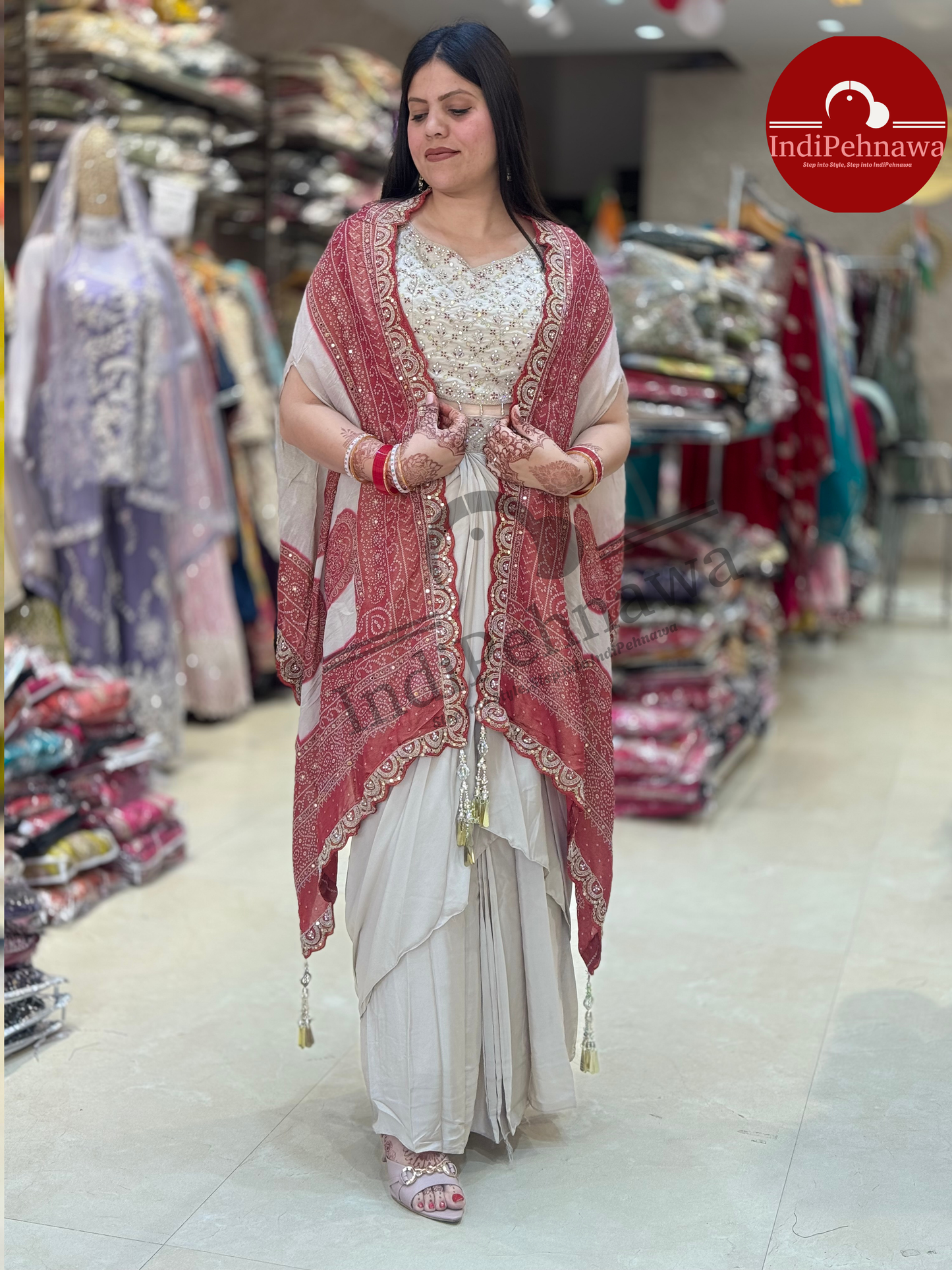 DESIGNER CAPE DRESS WITH PREMIUM CRAPE CAPE WITH HAND WORK