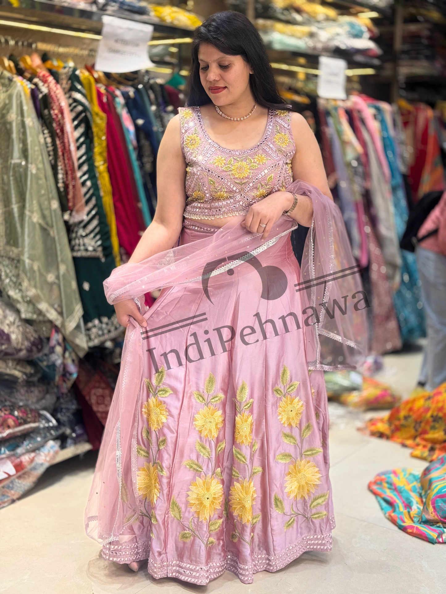 Exquisite Chinon Lehenga with Floral Thread Embroidery