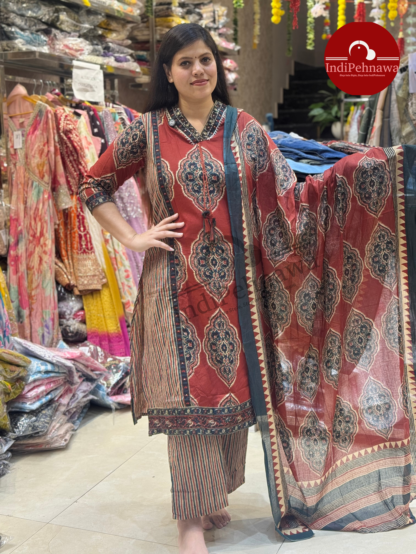 Trendy V-Neck Ethnic Suit for Festive Look