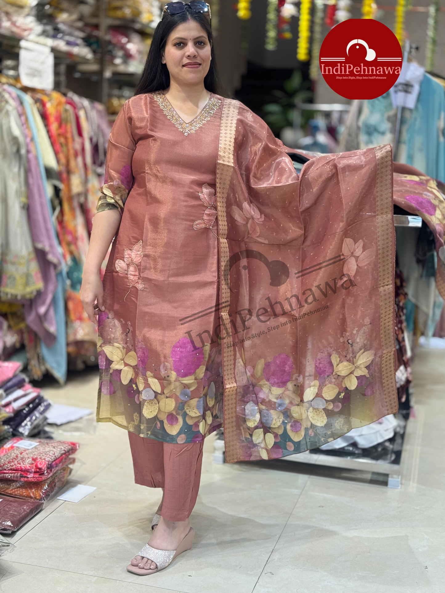 Pure Tissue Fabric Banarsi Floral Suit With Tilla Work