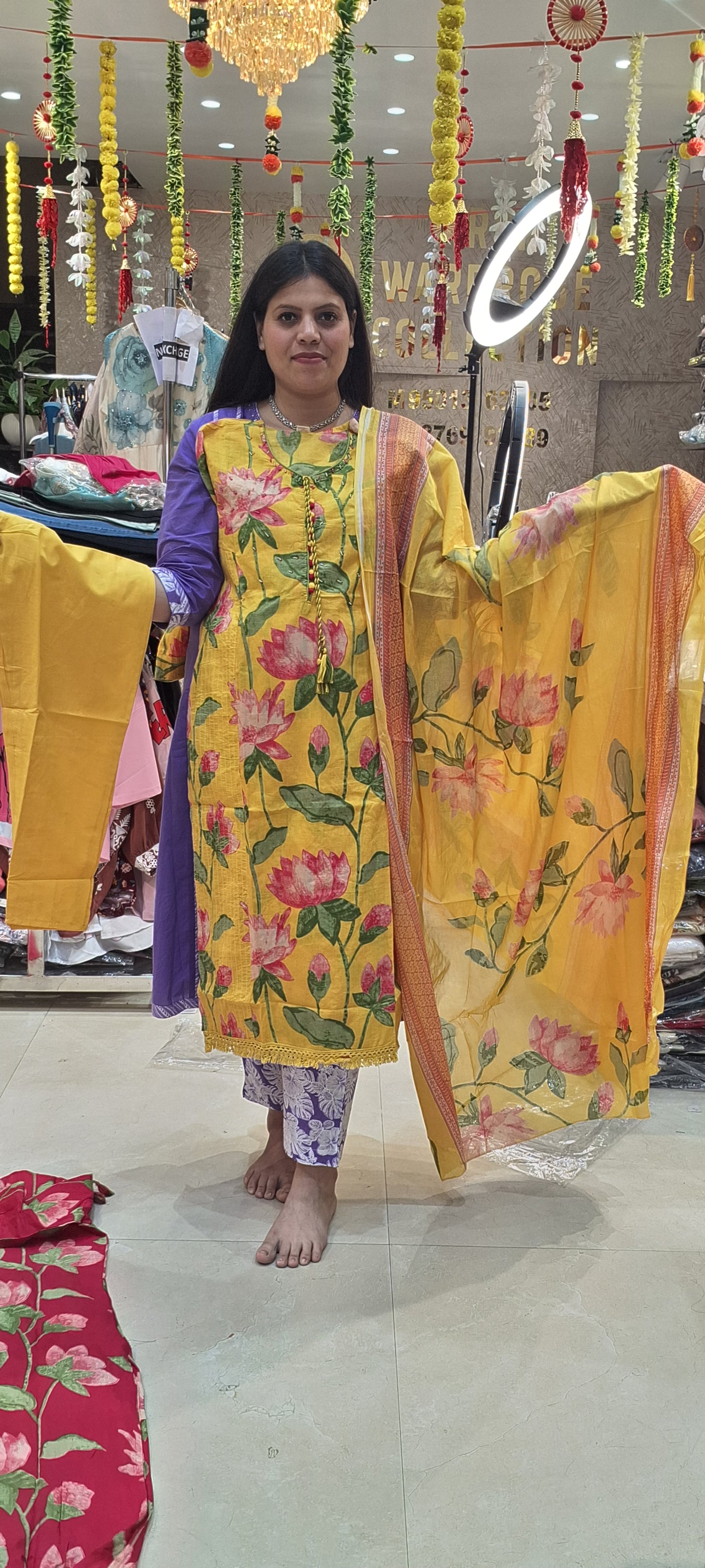 Pure Cotton Floral Hot Pink & Yellow Daily Wear Suit