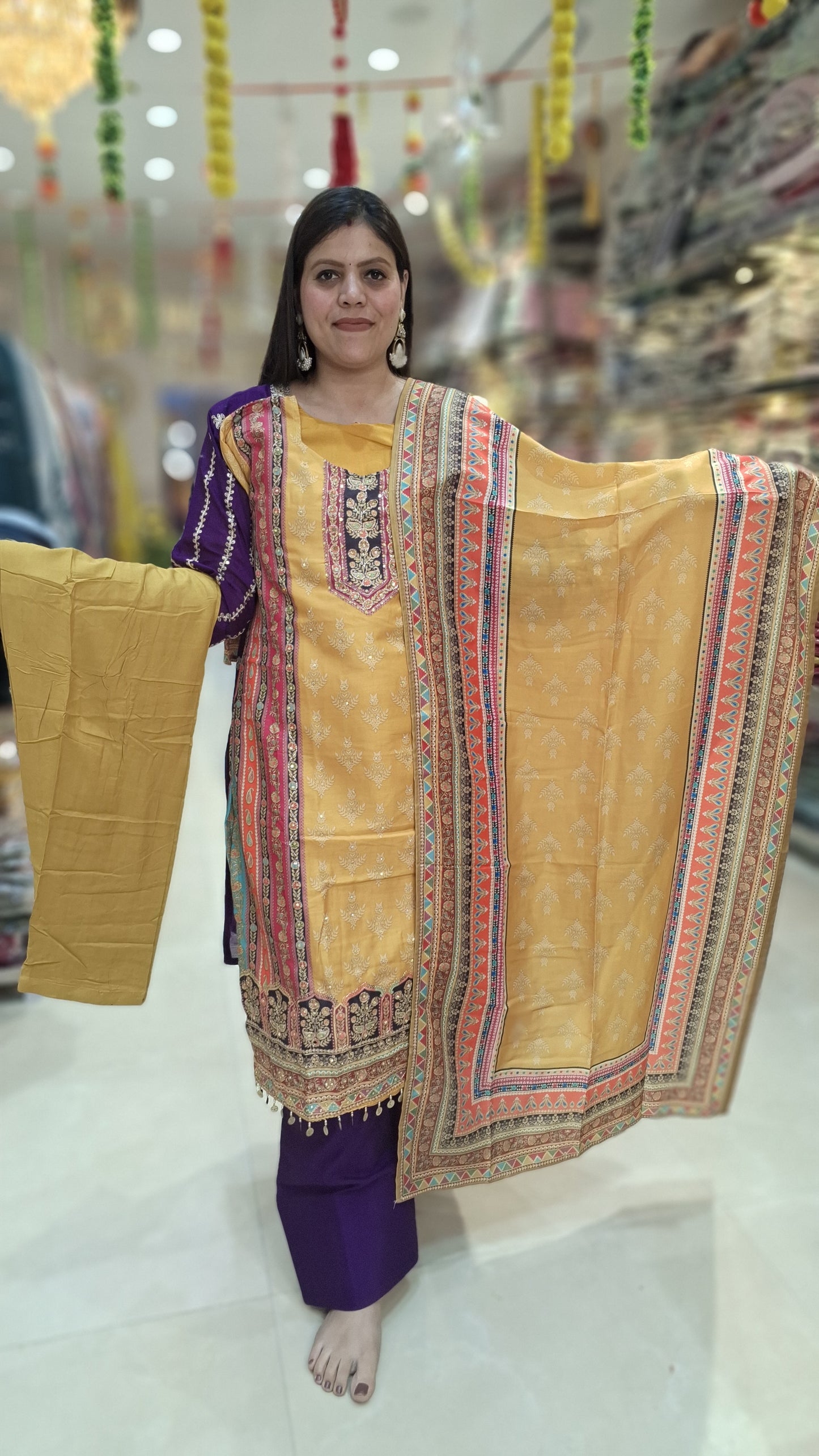 YELLOW CREPE WITH NECK STONE WORK SUIT