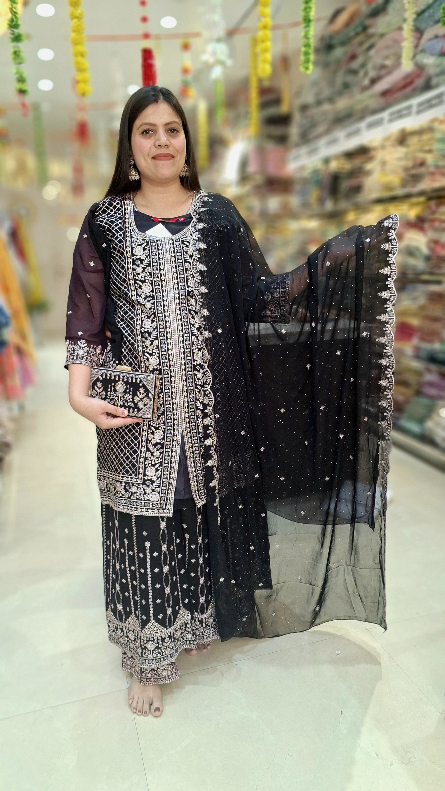 Premium Georget Suit With Maheen Zari and Stone Work With Premium Clutch