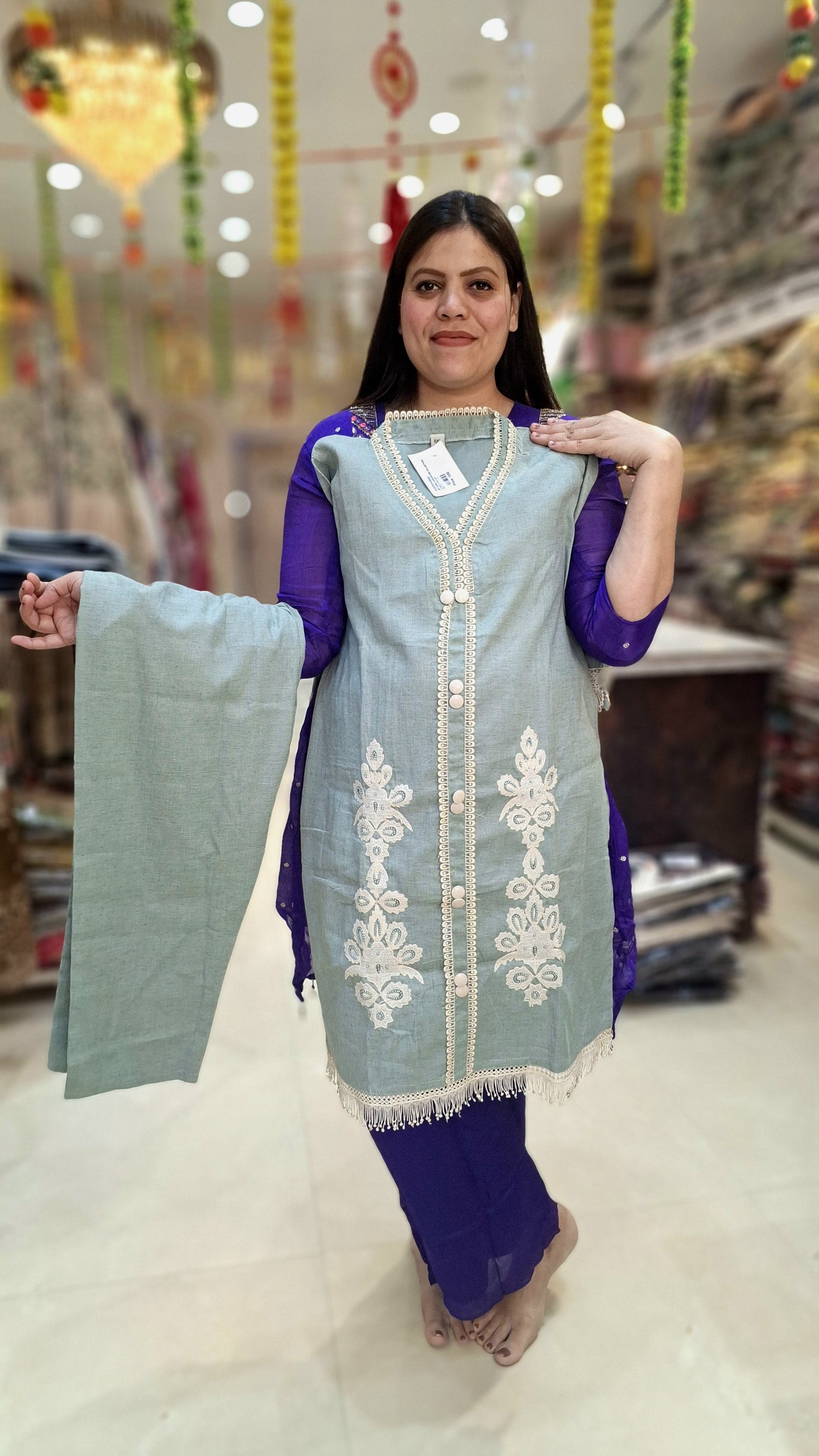 GREY PURE COTTON WHITE THREAD WORK CORDSET