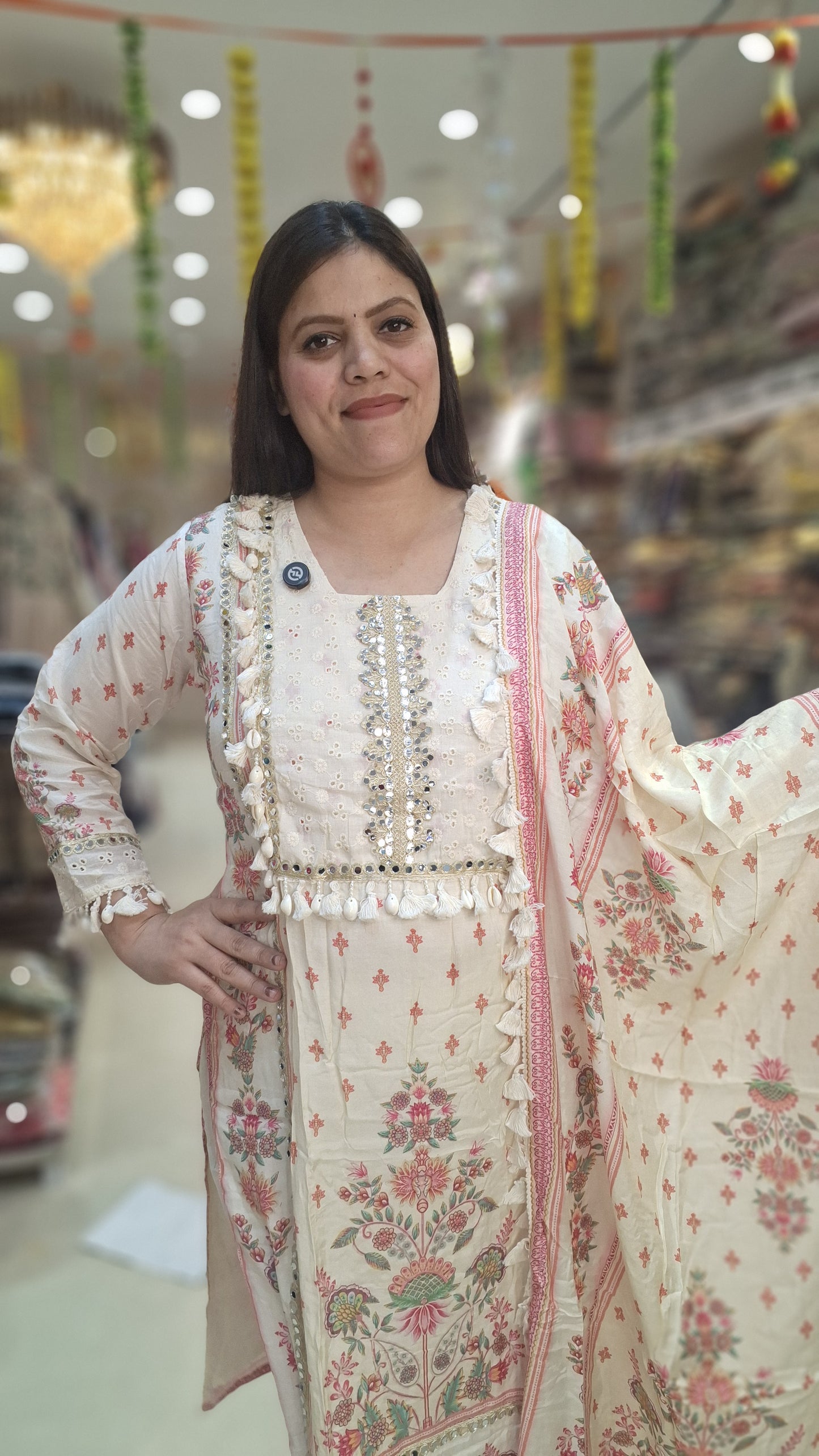 IVORY PURE CREPE DESIGNER WITH TASSELS AND THREAD WORK DESIGNING 3 PC SUIT