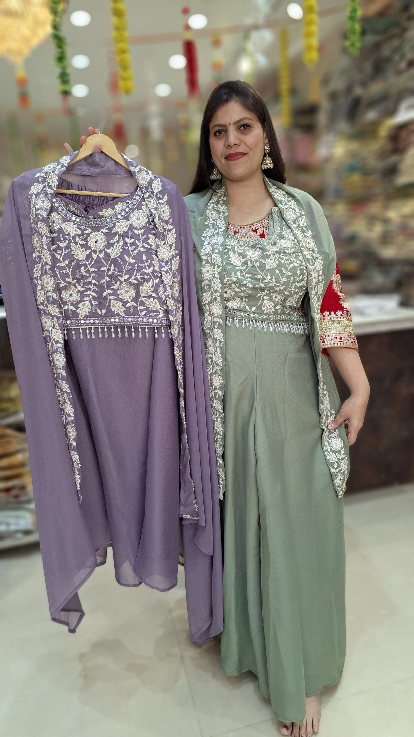 PURE CHINON SILVER TILLA WORK SHORT TOP WITH DHOTI DESIGN SKIRT PARTY WEAR DRESS