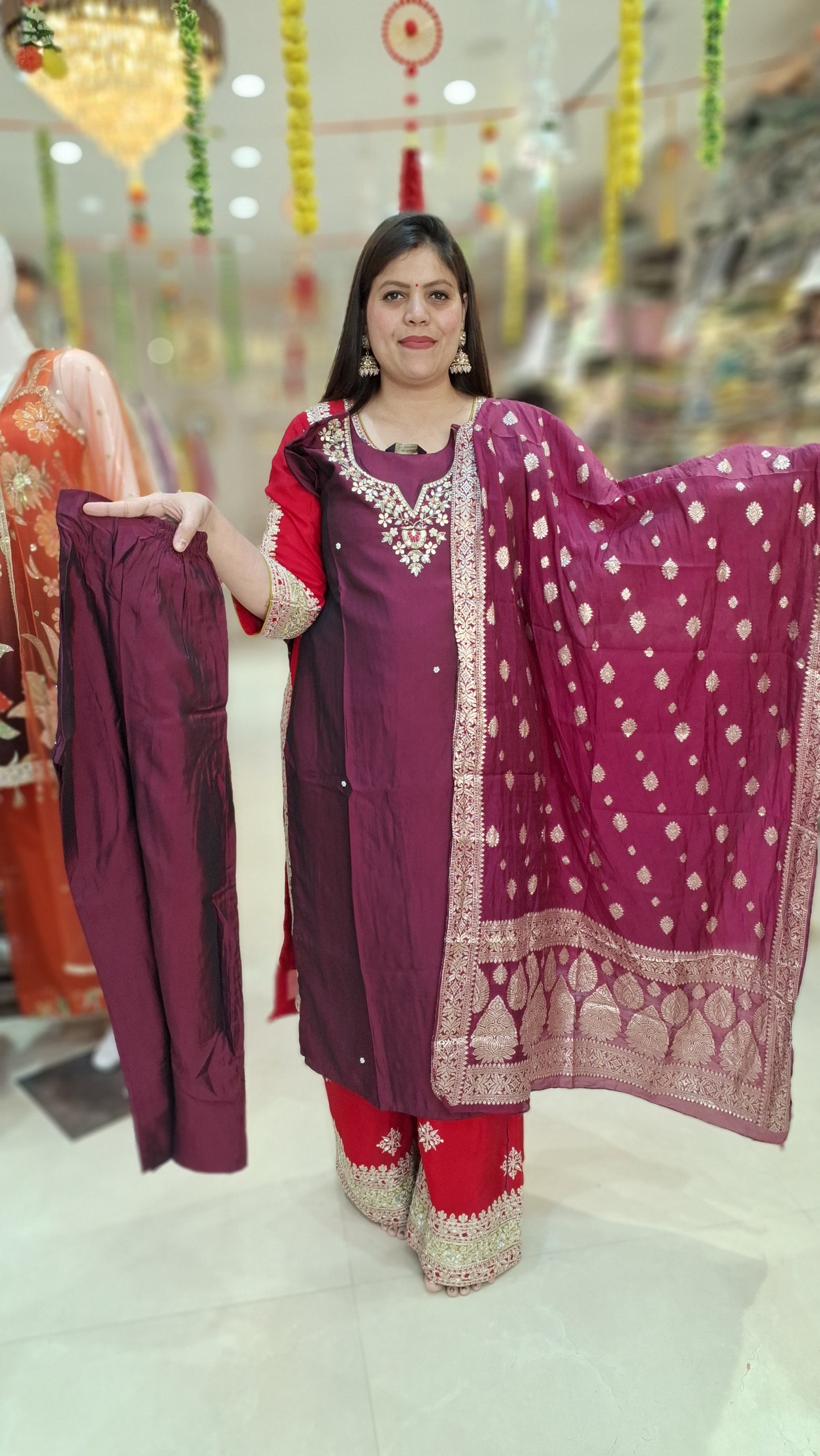 WINE BNARSI DUPPTA SILK NECK DESIGN PEARL WORK SUIT