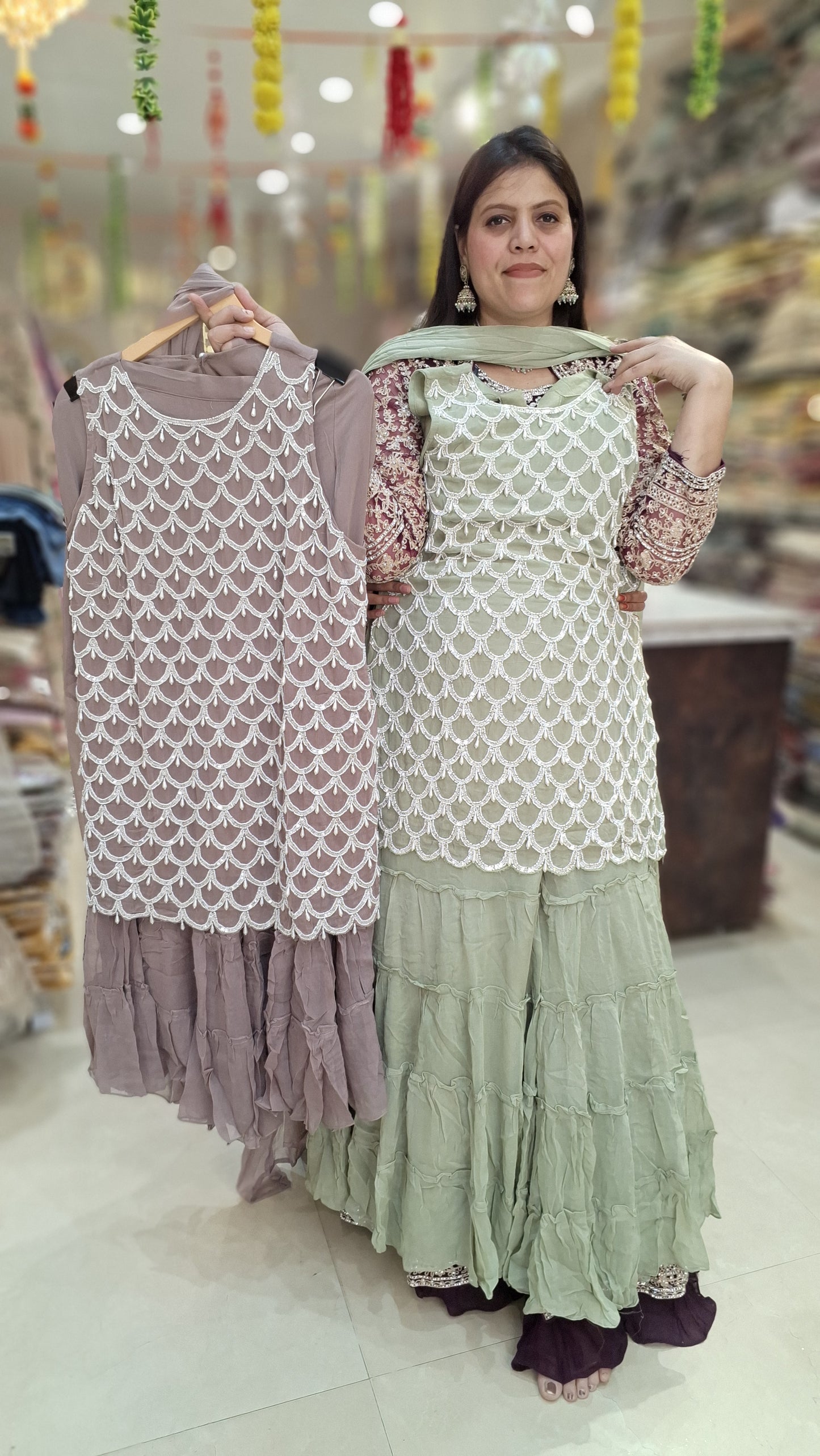 PASTEL COLOR PARTY WEAR GEORGET KURTI SHARARA WITH ORIGNAL PEARL WORK