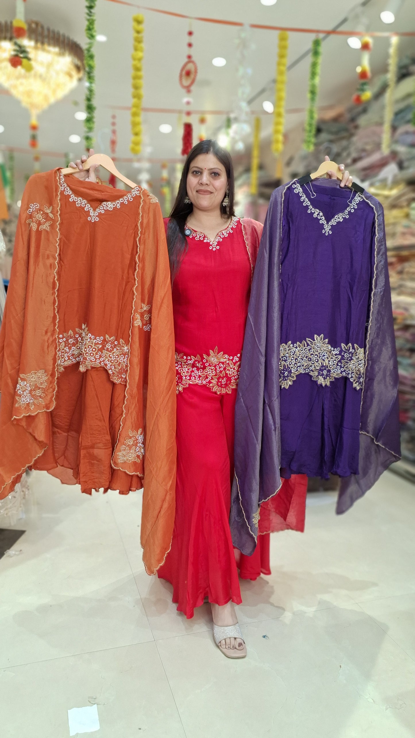 DESIGNER KURTI WITH FULL FLAIR JAFFA AND PEARL WORK WITH SHIMMER DUPATTA