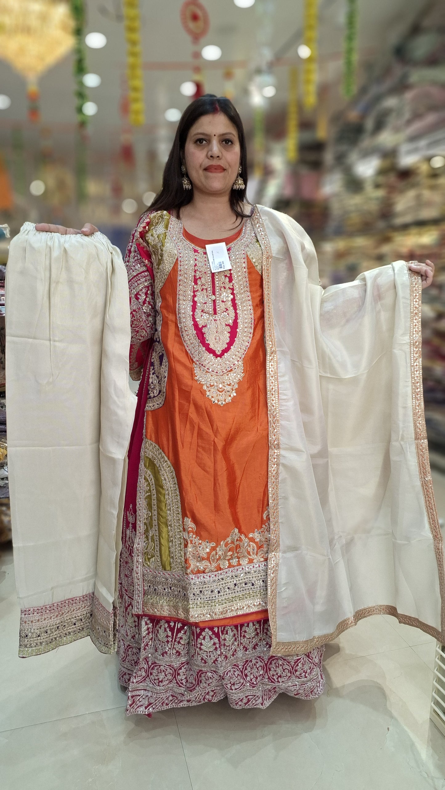 ORANGE PURE CHINON TILLA AND SIPI WORK NECK AND BORDER WITH JAFFA
