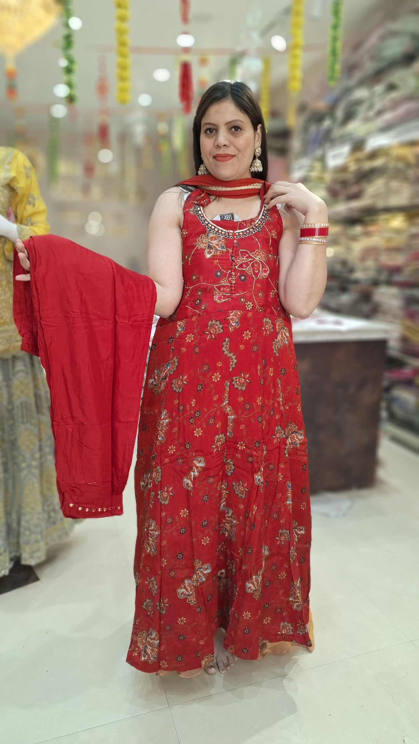 RED RUSHIAN SILK WITH TILLA WORK NECK DESIGN WITH BORDER DESIGN PANT