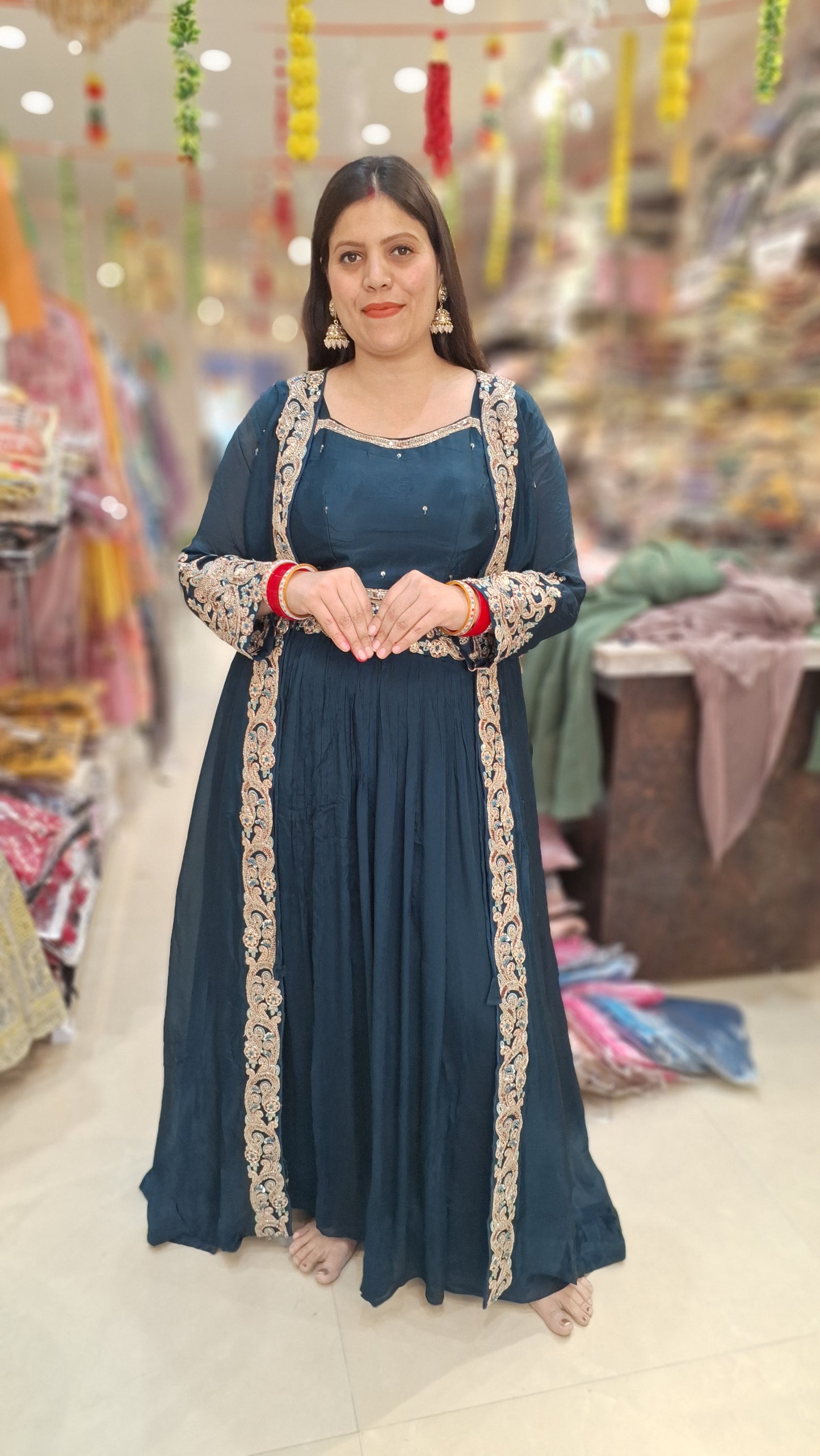 PEACOCK GREEN PREMIUM SILK SHORT CHOTI WITH LONK CAPE LEHNGA