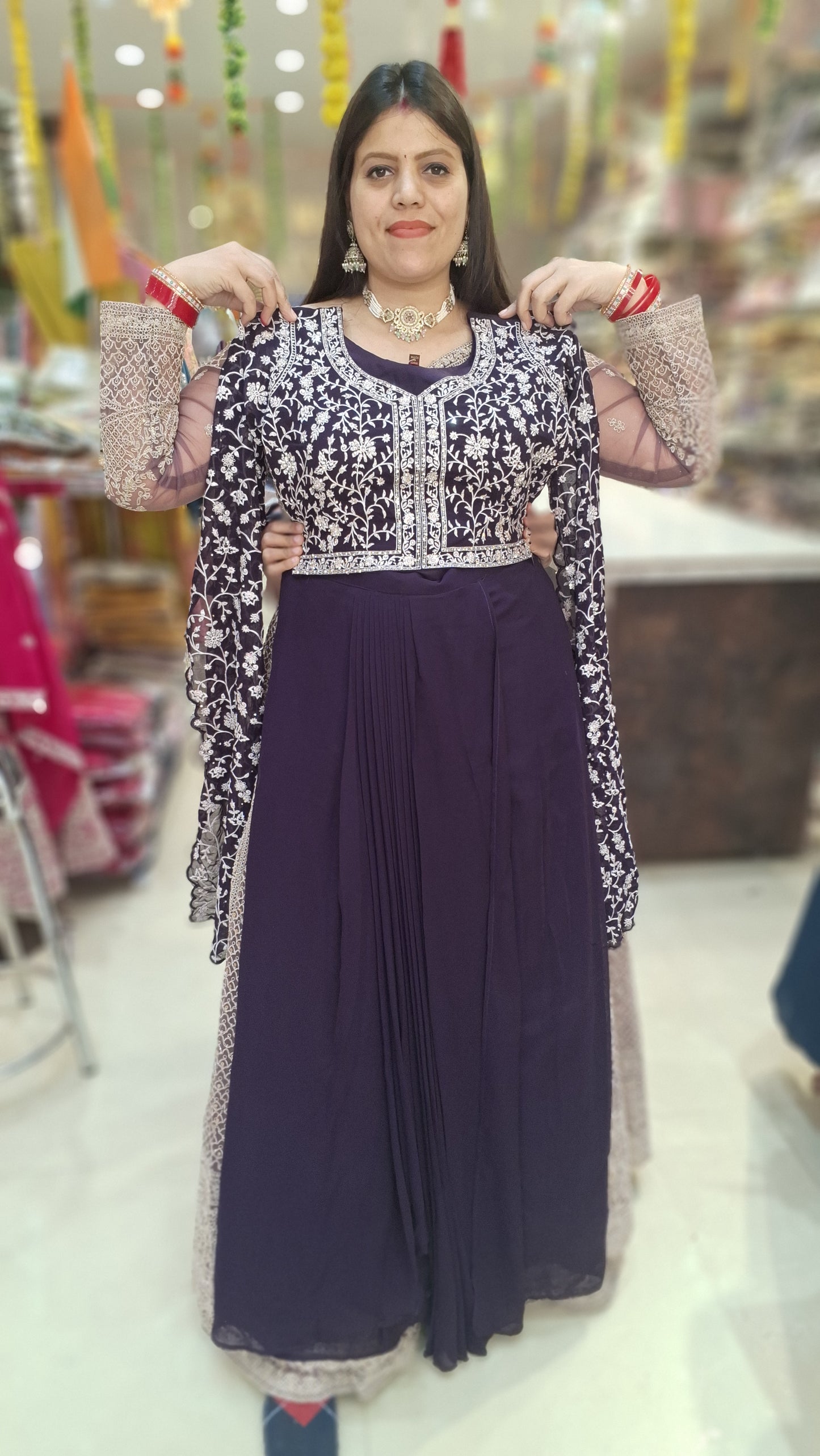 PURE GEORGET SHORT CHOLI WITH FLAIR SLEVES WITH SKIRT