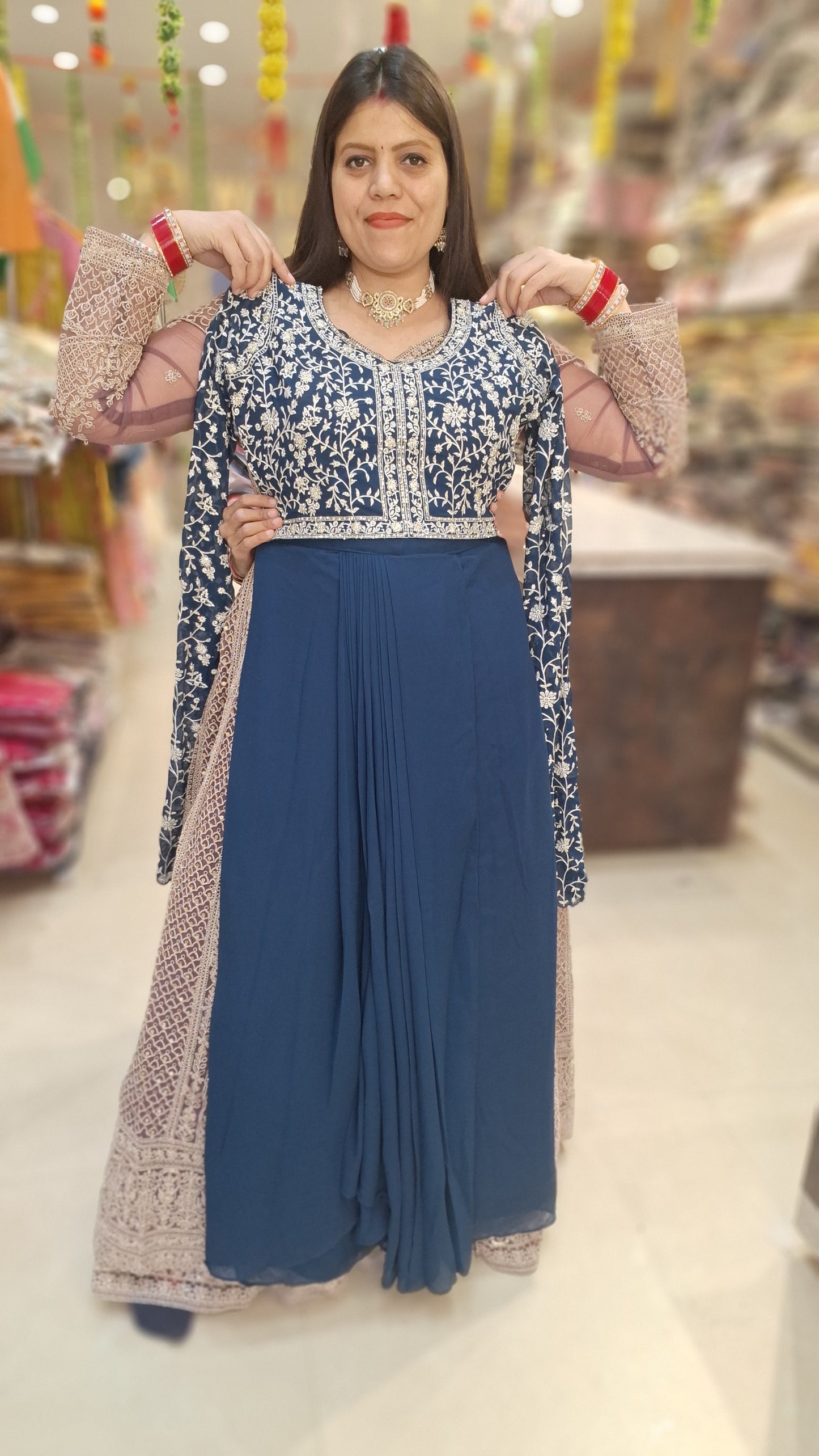 PURE GEORGET SHORT CHOLI WITH FLAIR SLEVES WITH SKIRT