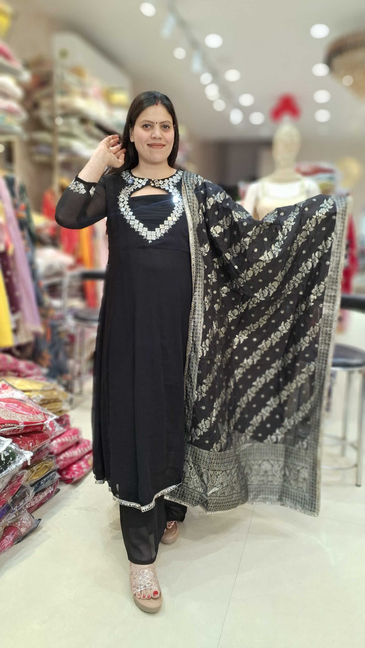 BEAUTIFUL NECK DESIGN BACK AND FRONT ORIGNAL MIRROR WORK ANARKALI
