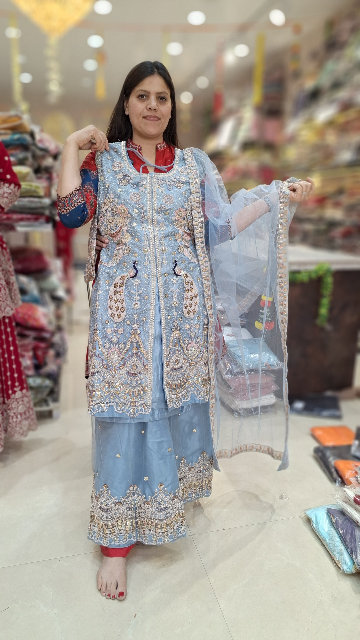 PEACOCK DESIGN FRONT CUT PEASTAL COLOURED JAFFA SUIT