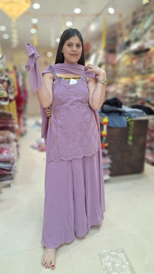 LAVENDER PURE GEORGET SHORT KURTI WITH FULL FLAIR JAFAA WITH DUPPTA