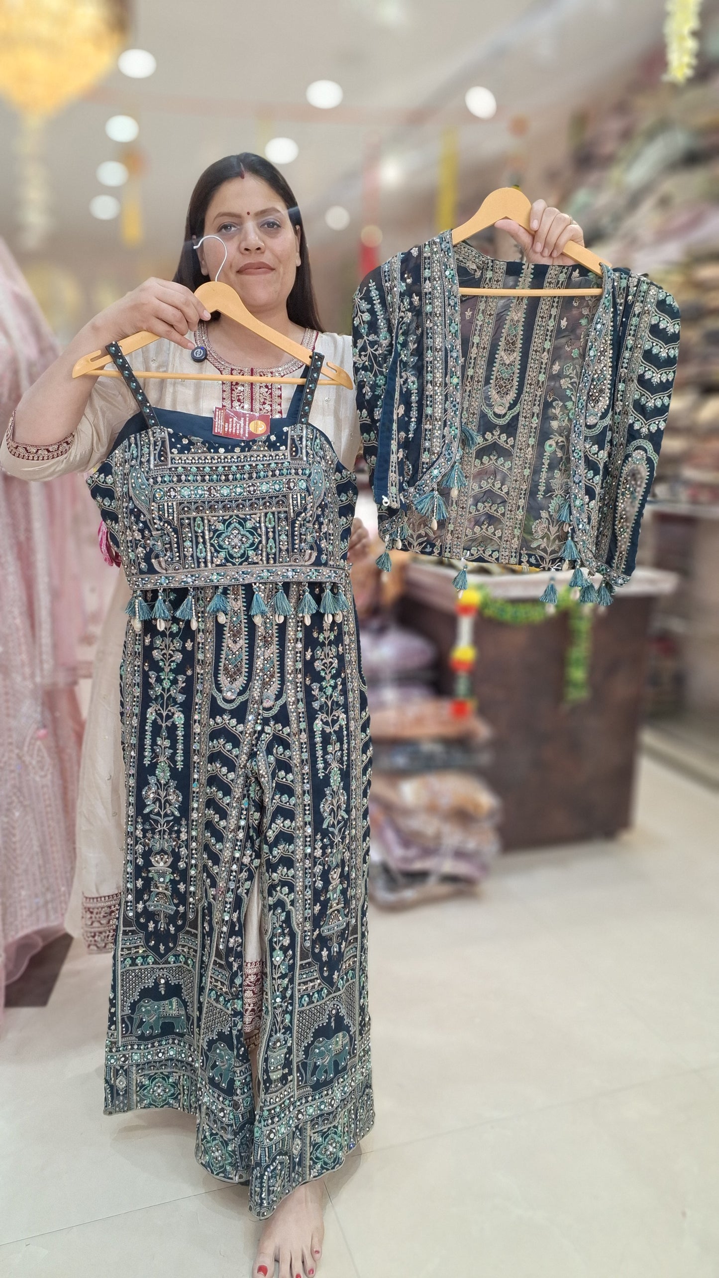 PEAACOCK BLUE PURE GEORGET CROP TOP WITH PLAZZO CAT JAKET