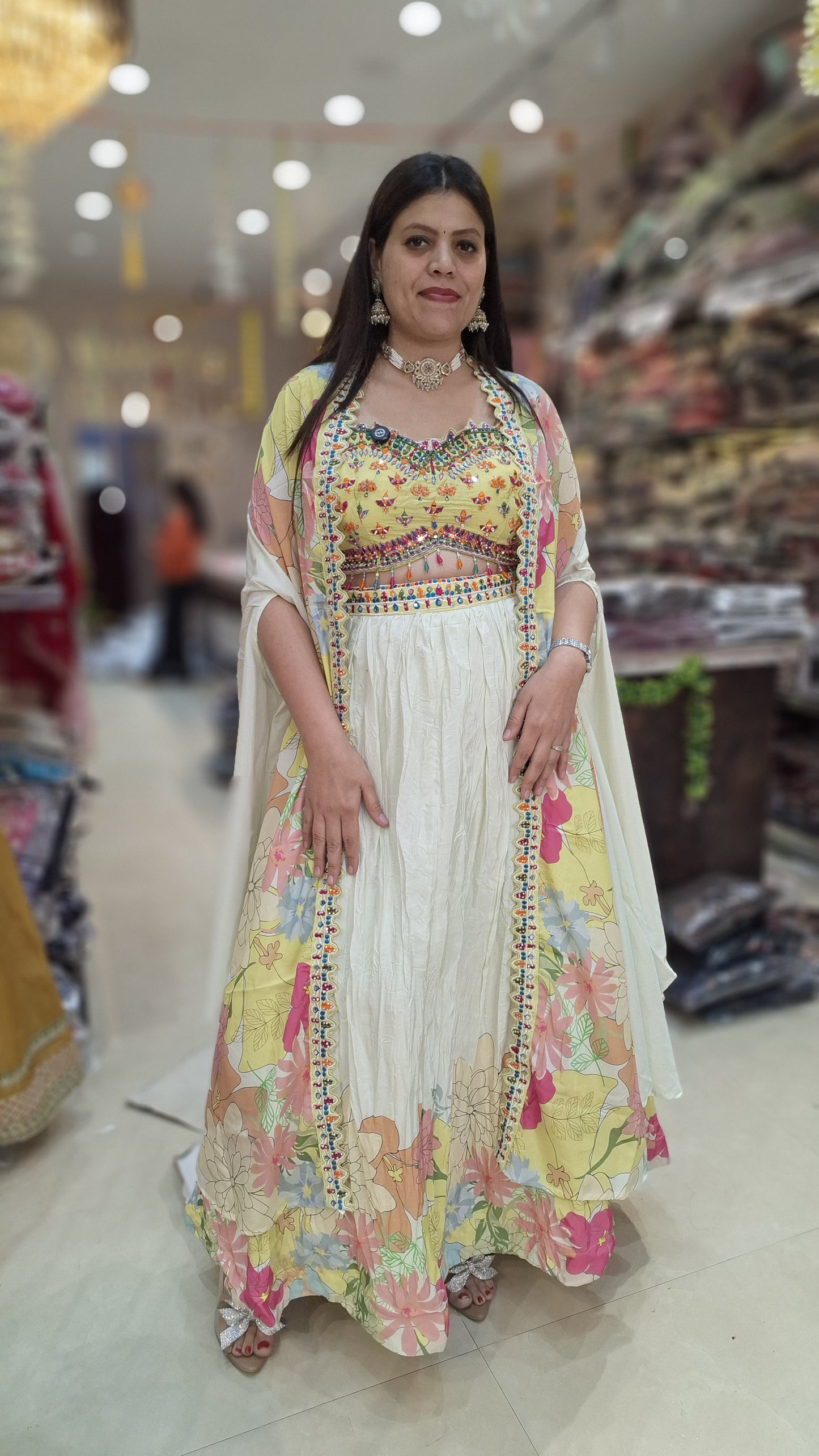 YELLOW AND WHITE DUEL SHORT TOP WITH DESIGN CEPE WITH FLAIR LEHNGA