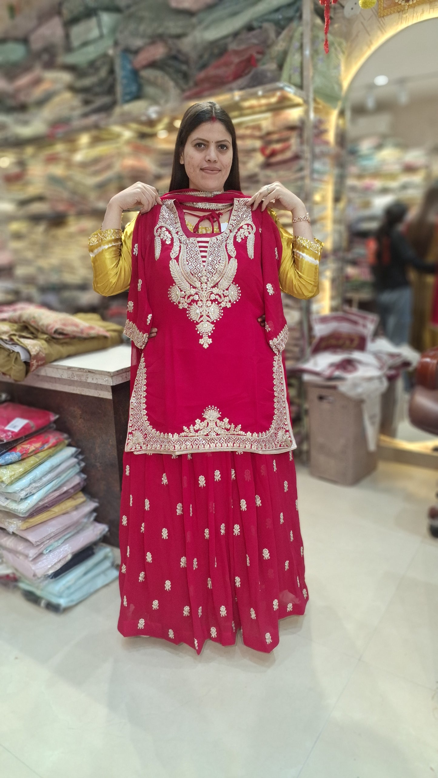 HOT PINK NECK AND BOARDER DESIGN FULL FLAIR LEHENGA