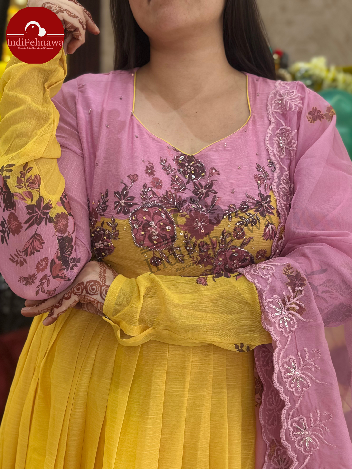 YELLOW PINK CHINON ANARKALI WITH CUT DANA WORK