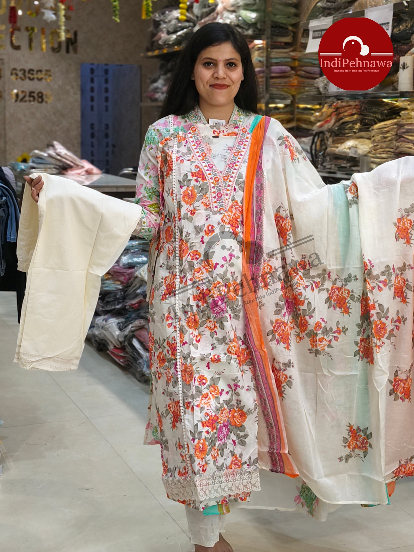 Desi Floral Charm 3 Piece Pure Cotton Suit