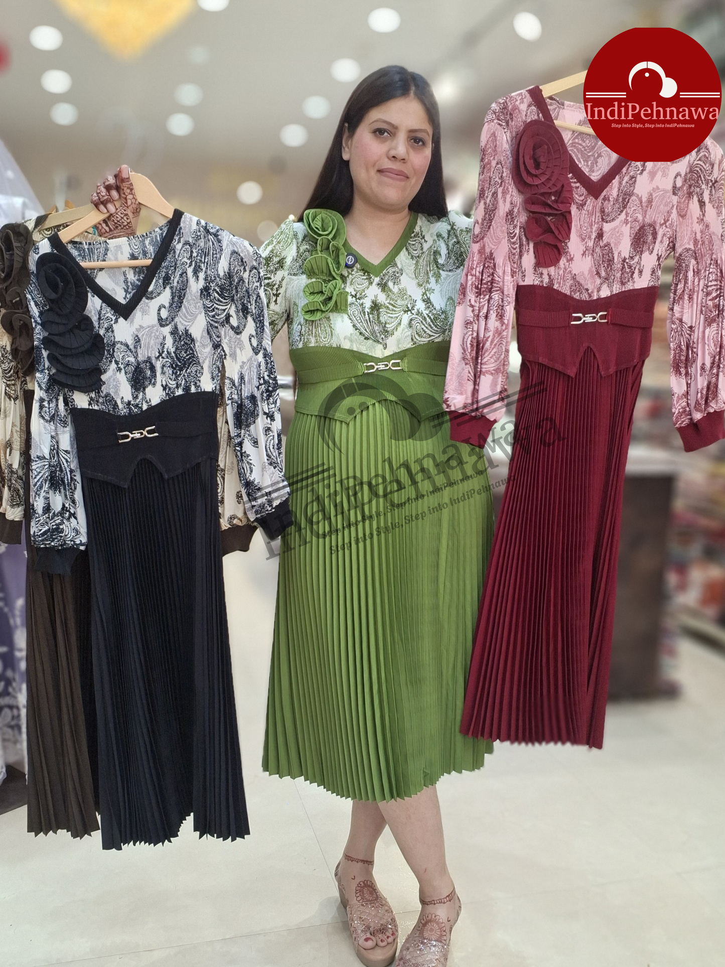 KOREAN DRESS WITH SIDE FLOWER WITH DIGITAL LINE DESIGN
