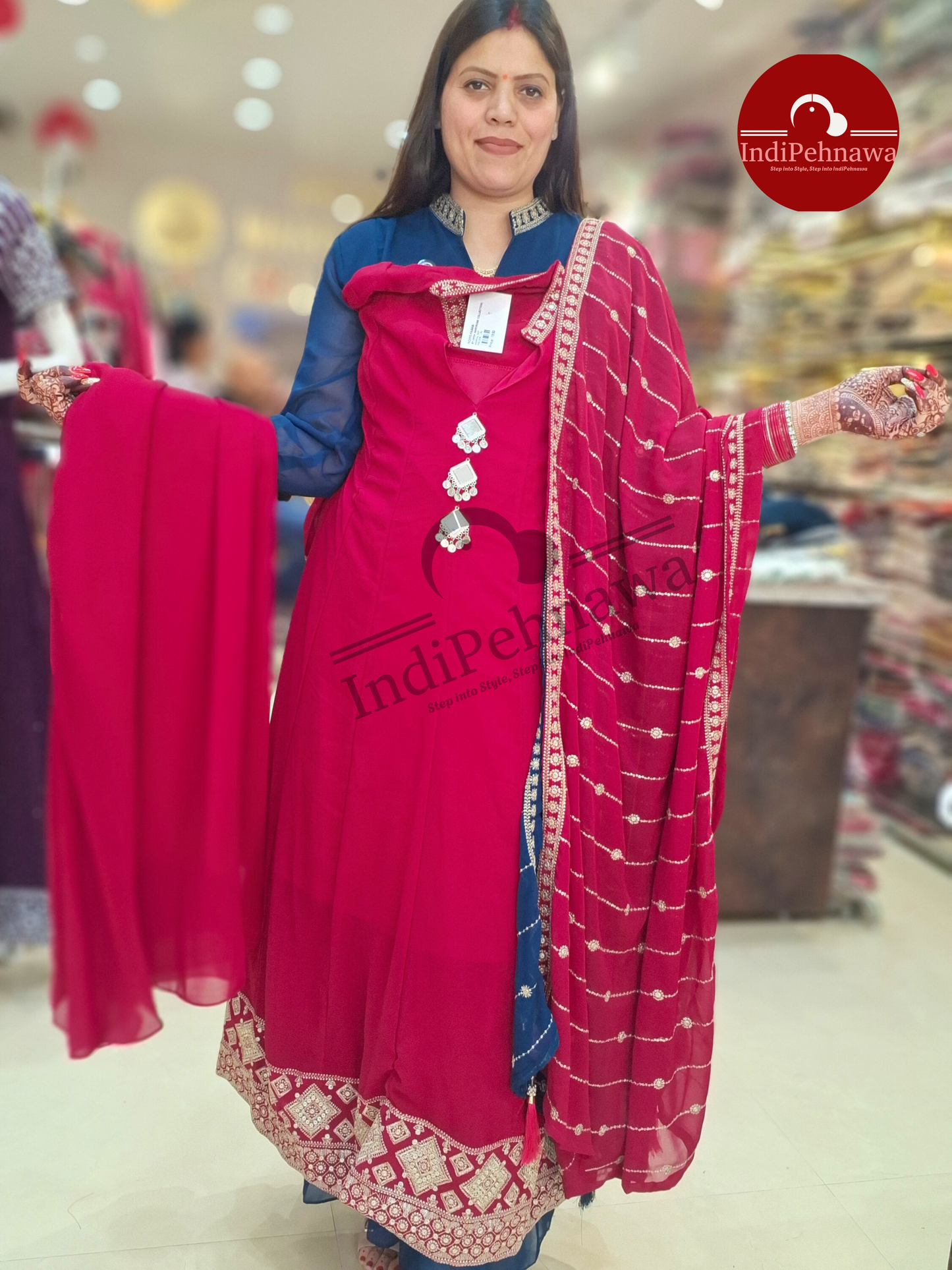 HIGH NECT DESIGNER GEORGET ANARKALI WITH FULL EMBROIDERED DUPPATA