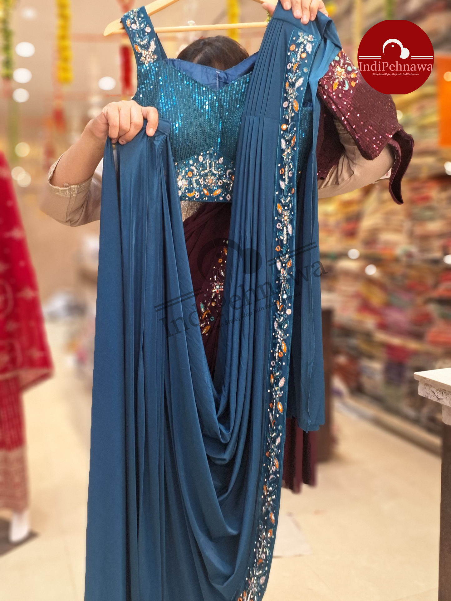 READY TO WEAR SAREE WITH SIPPY AND THREAD WORK IN GEORGETE (OAPL0111)