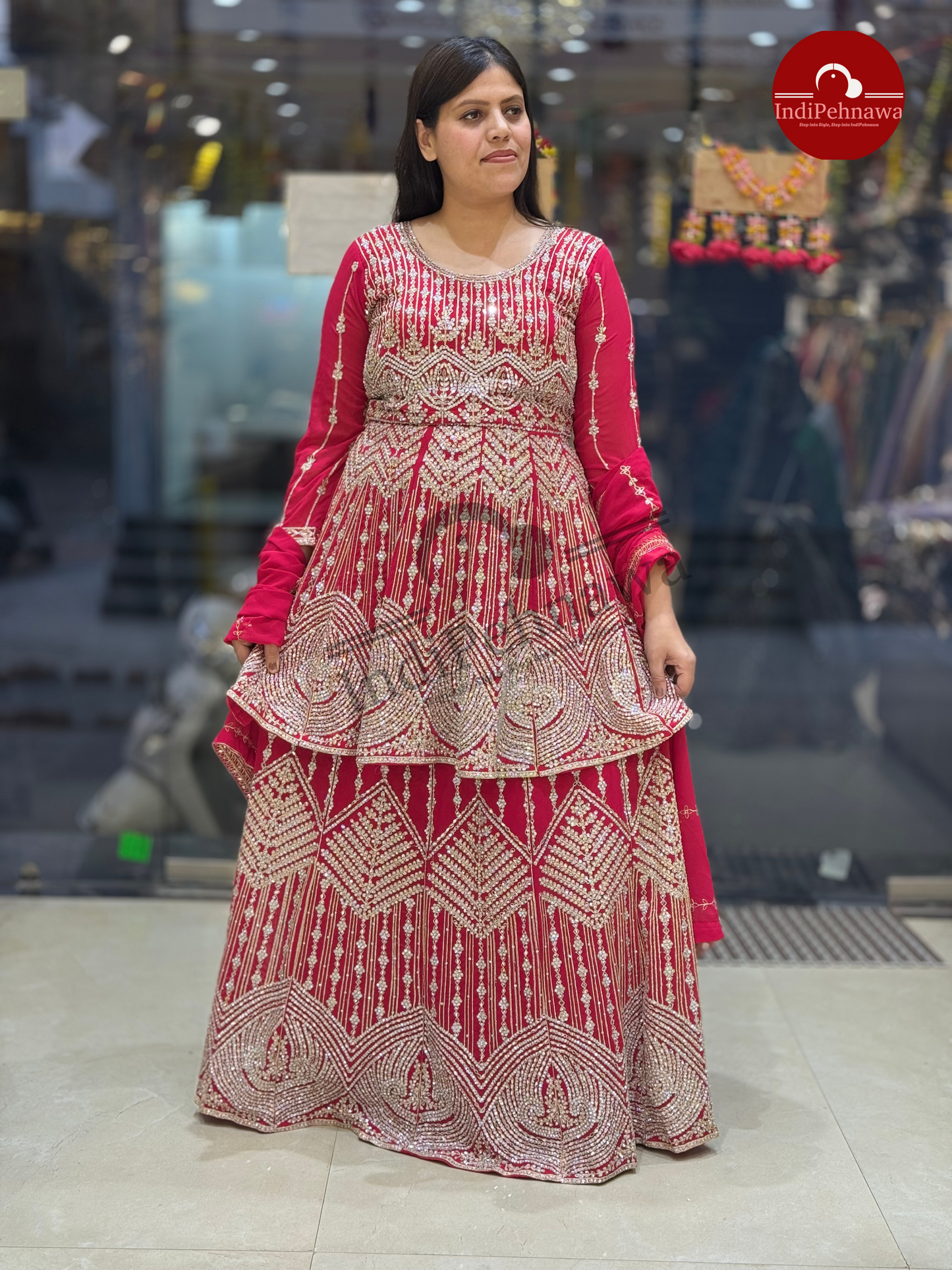 GEORGETE HEAVY RED LEHNGA WITH PAMPLUM BY INDIPEHNAWA