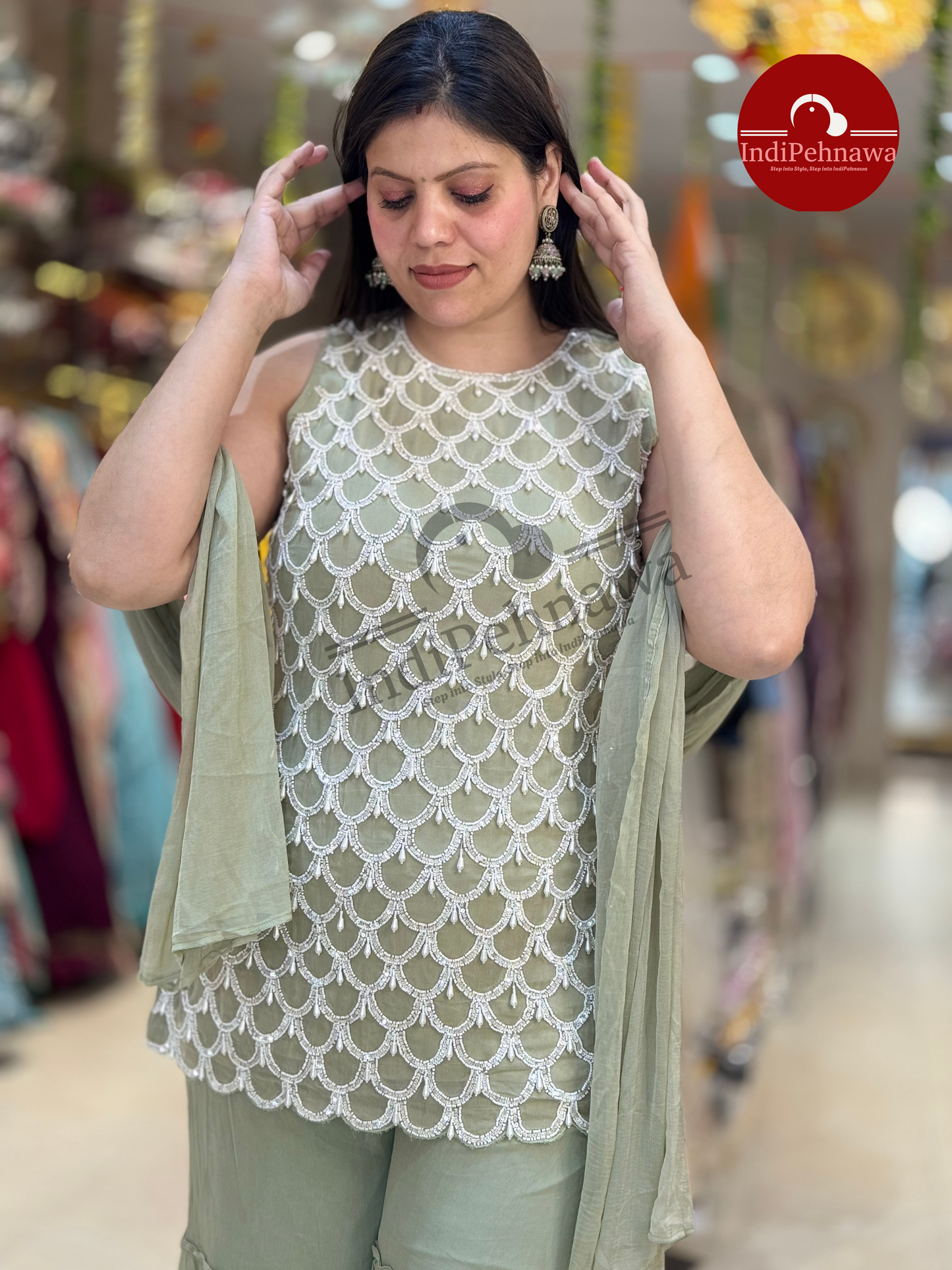 PASTEL COLOR PARTY WEAR GEORGET KURTI SHARARA WITH ORIGNAL PEARL WORK