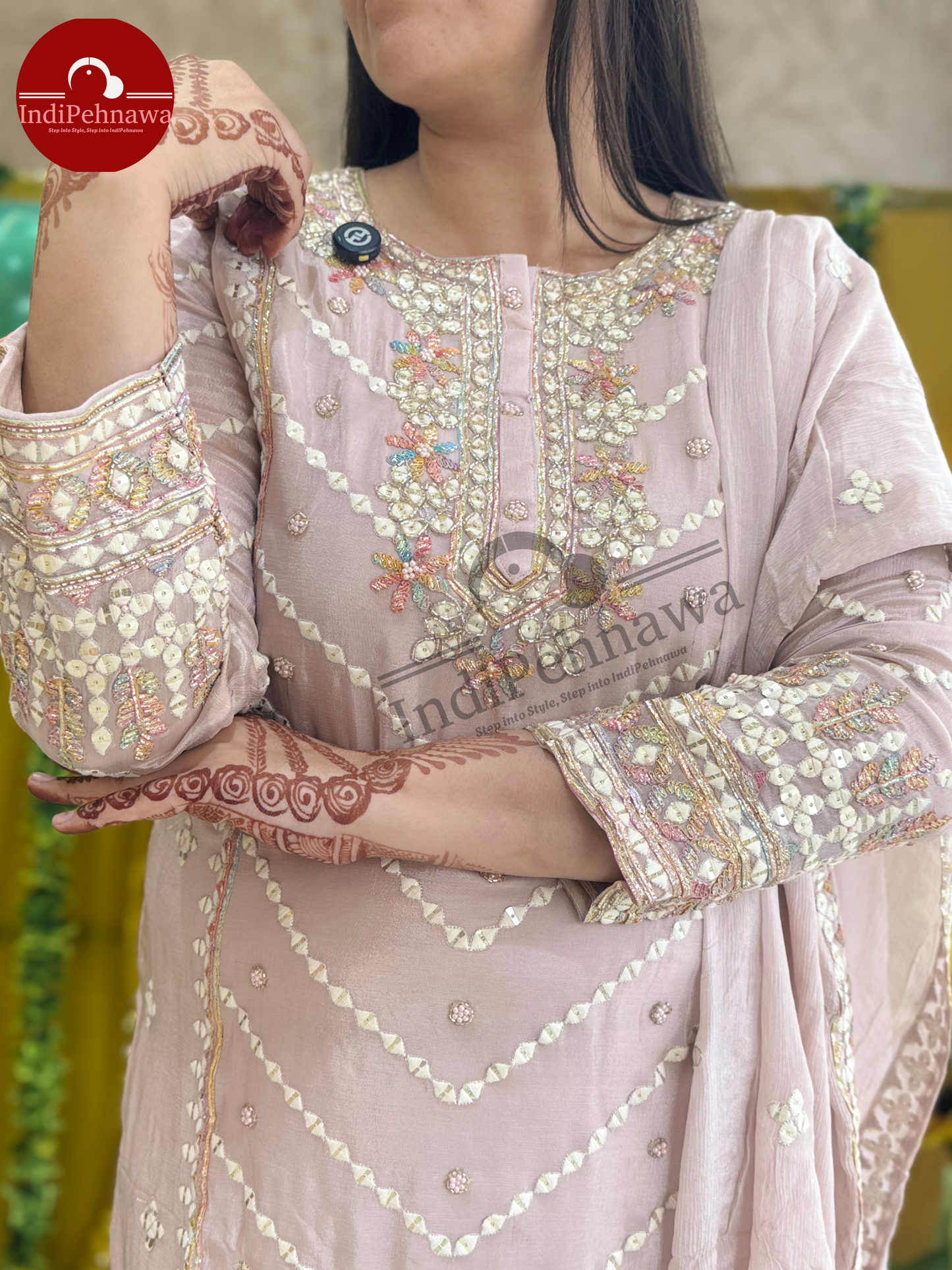 PURE CHINON THREAD AND CUT DANA WORK PLAZO SUIT BUY INDIPEHNAWA