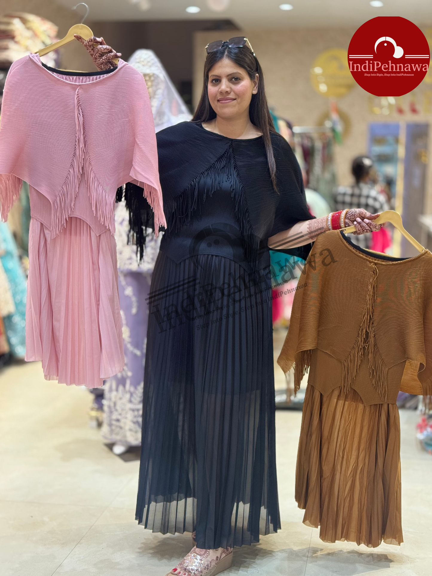 KOREAN SKIRT TOP WITH DESIGNER ATTACHED CAPE PONCHU
