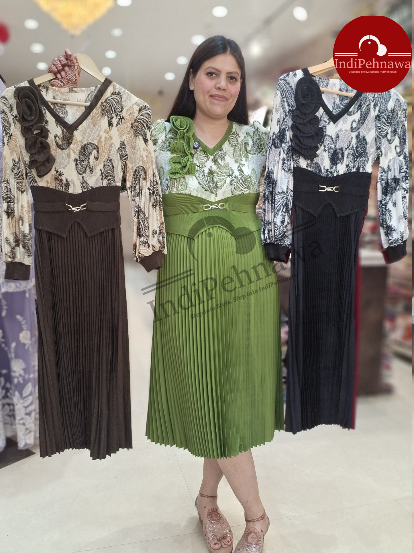 KOREAN DRESS WITH SIDE FLOWER WITH DIGITAL LINE DESIGN