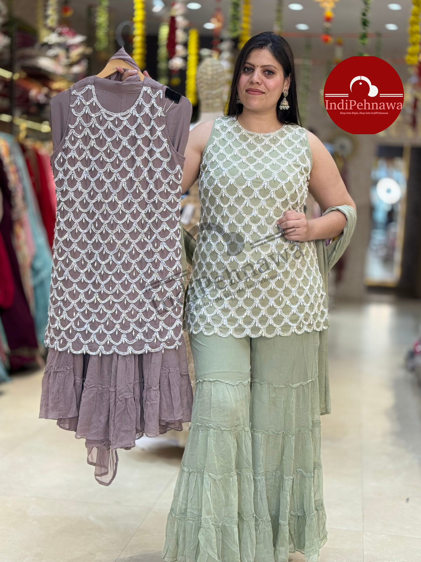 PASTEL COLOR PARTY WEAR GEORGET KURTI SHARARA WITH ORIGNAL PEARL WORK