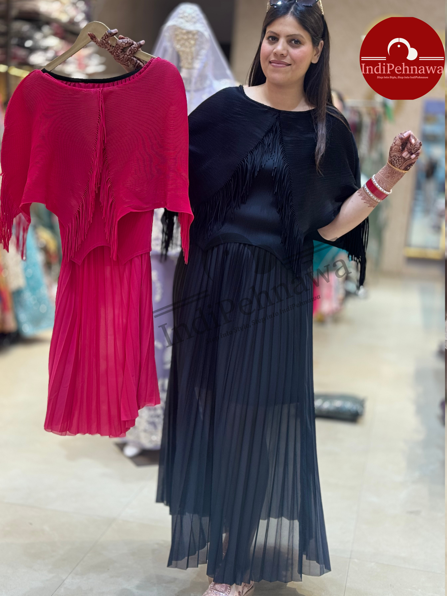 KOREAN SKIRT TOP WITH DESIGNER ATTACHED CAPE PONCHU