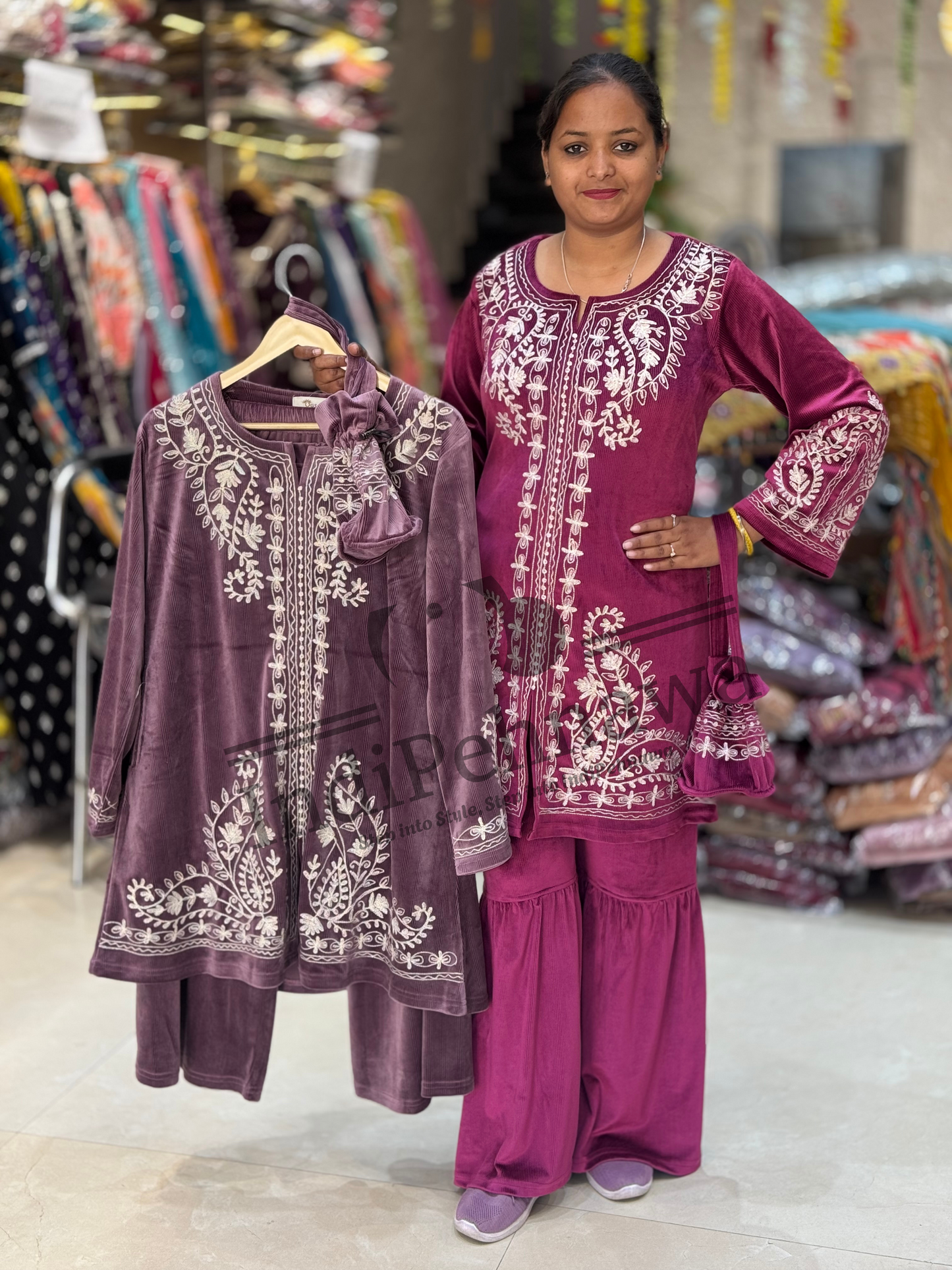 Party Wear Sharara Co-Ord Set with Potli & Intricate Threadwork