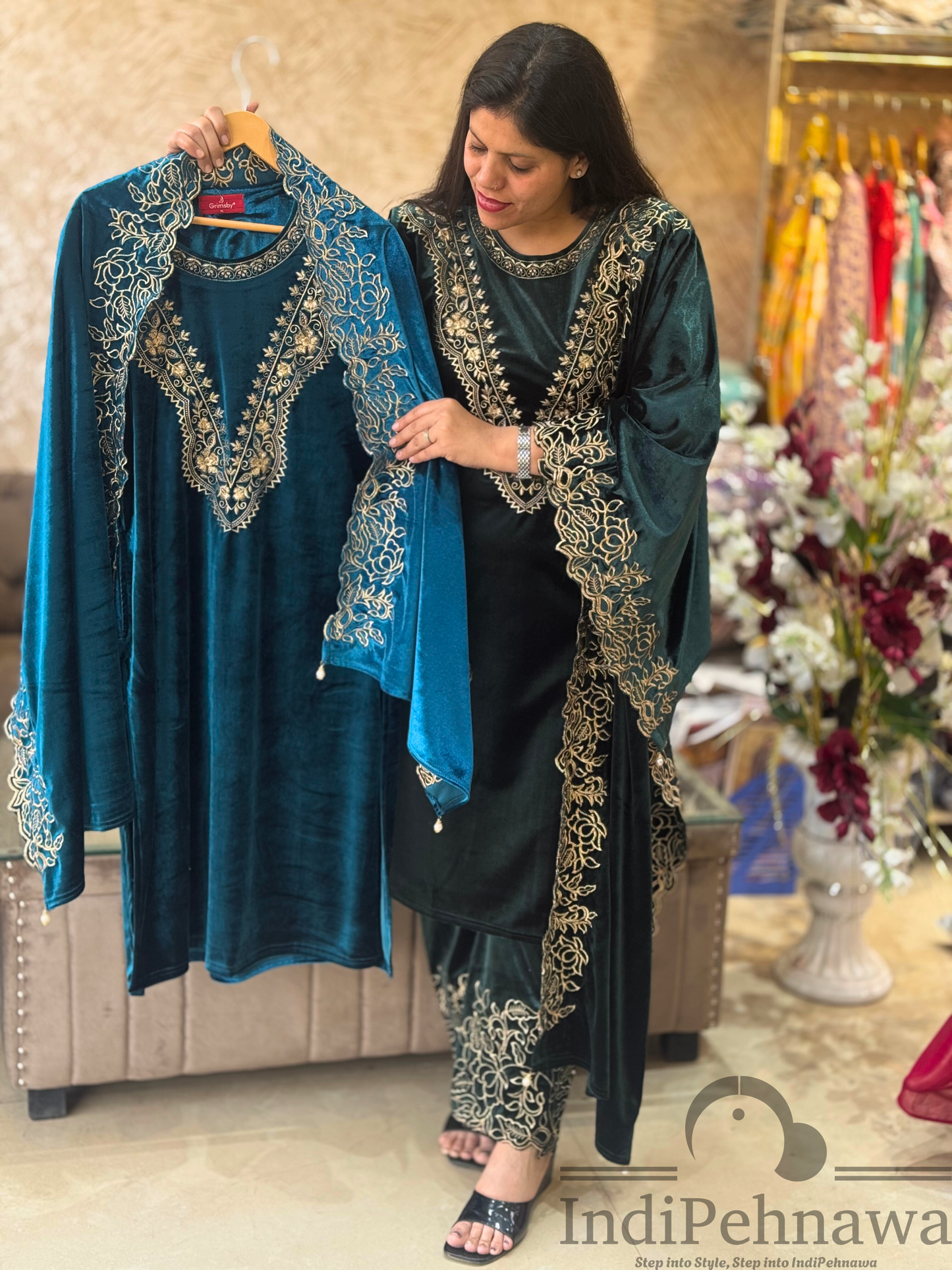 Graceful Women’s Velvet 3-Piece Suit with Handcrafted Design – A Statement of Elegance