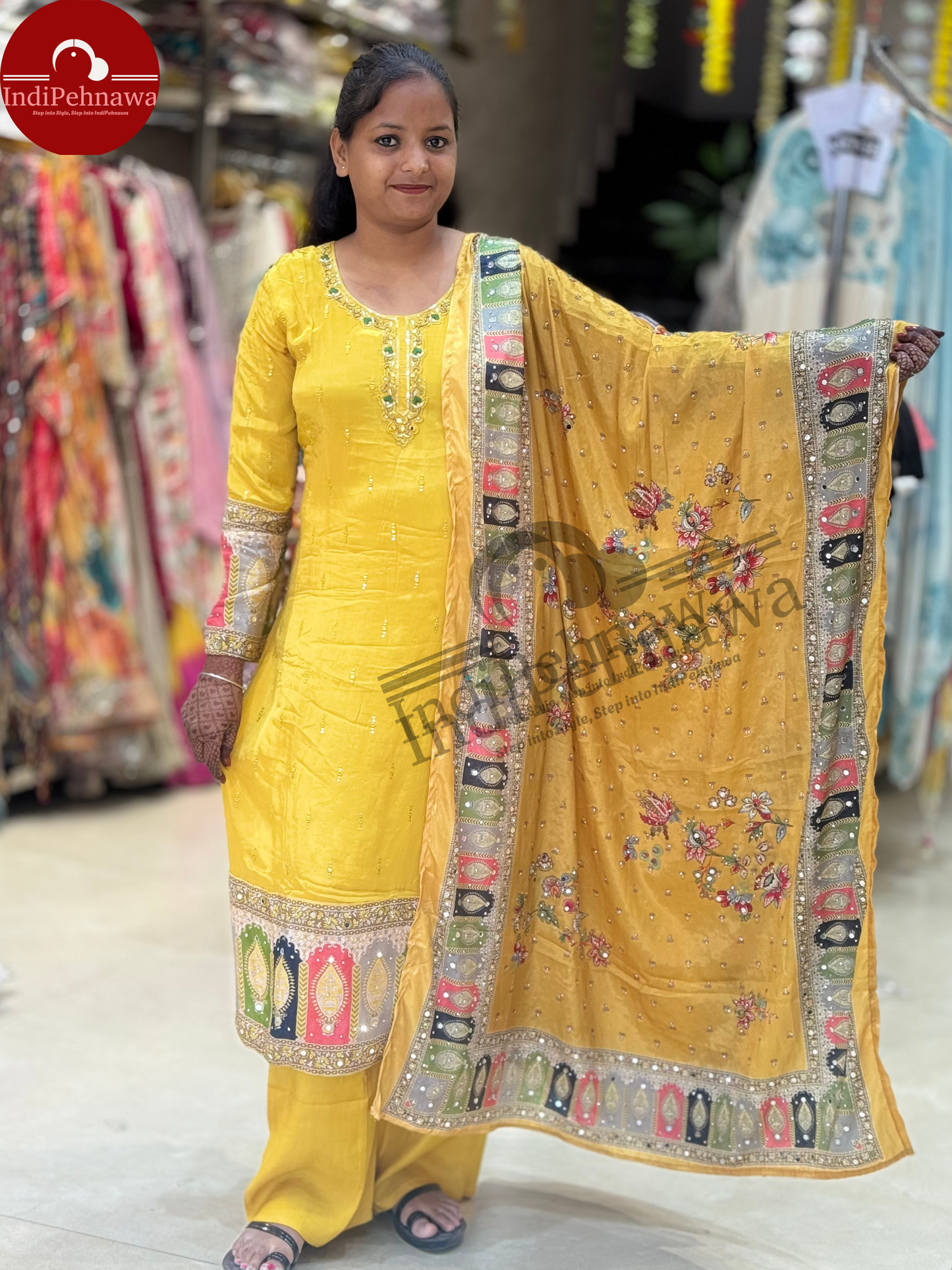 THRAED AND MIRROR WORK SUIT WITH FULKARI DUPATTA