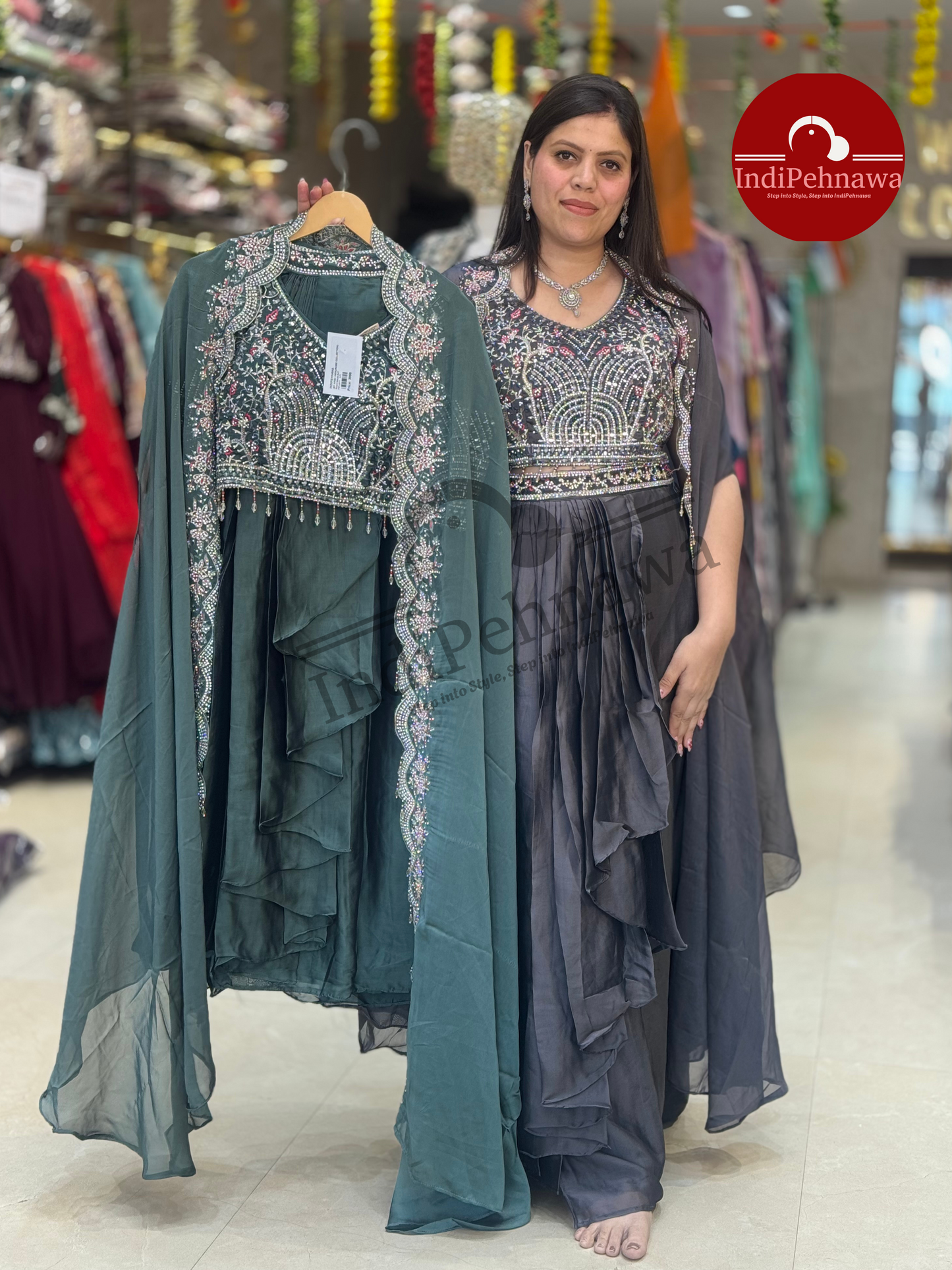 3 PC DESINER DRESS WITH CAPE