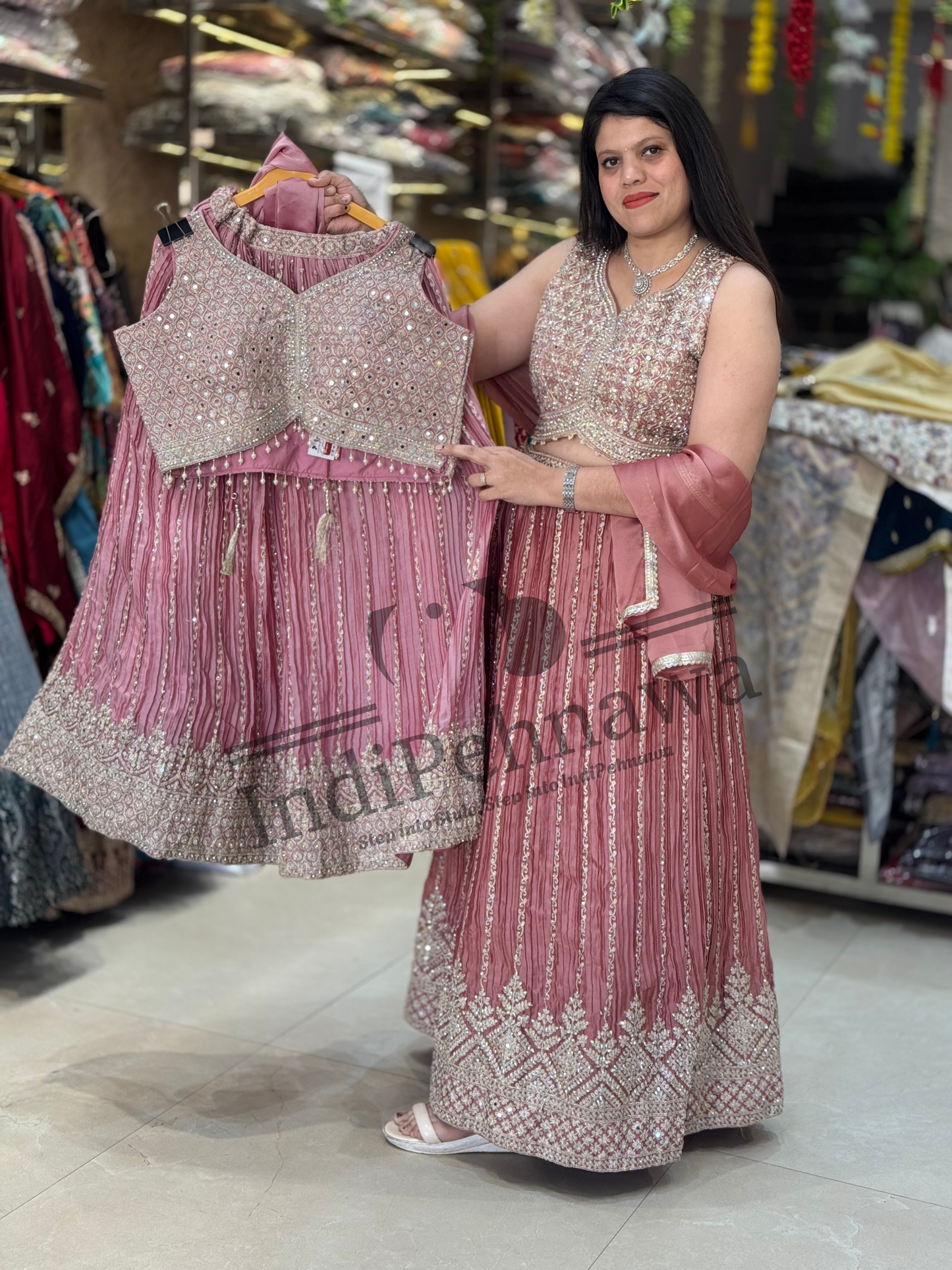 Golden Tilla Embroidered Chinon Lehenga – Perfect for Grand Celebrations