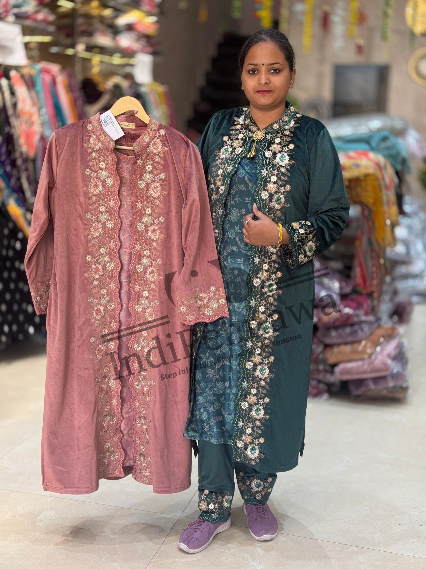 Premium 3-Piece Velvet Co-Ord Set with Digital Print Velvet Inner and Long Jacket