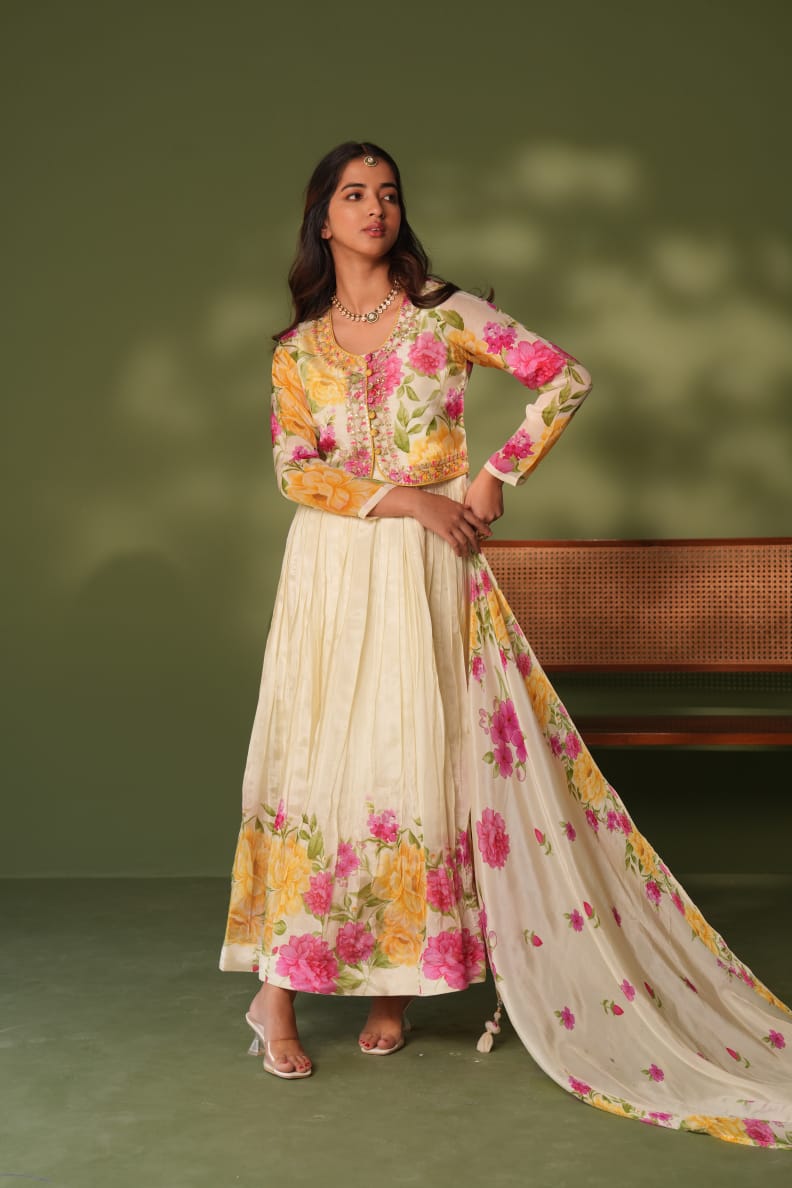 Yellow and White Stylish Chinon Anarkali Cum Gown with Jacket (4 pc set)