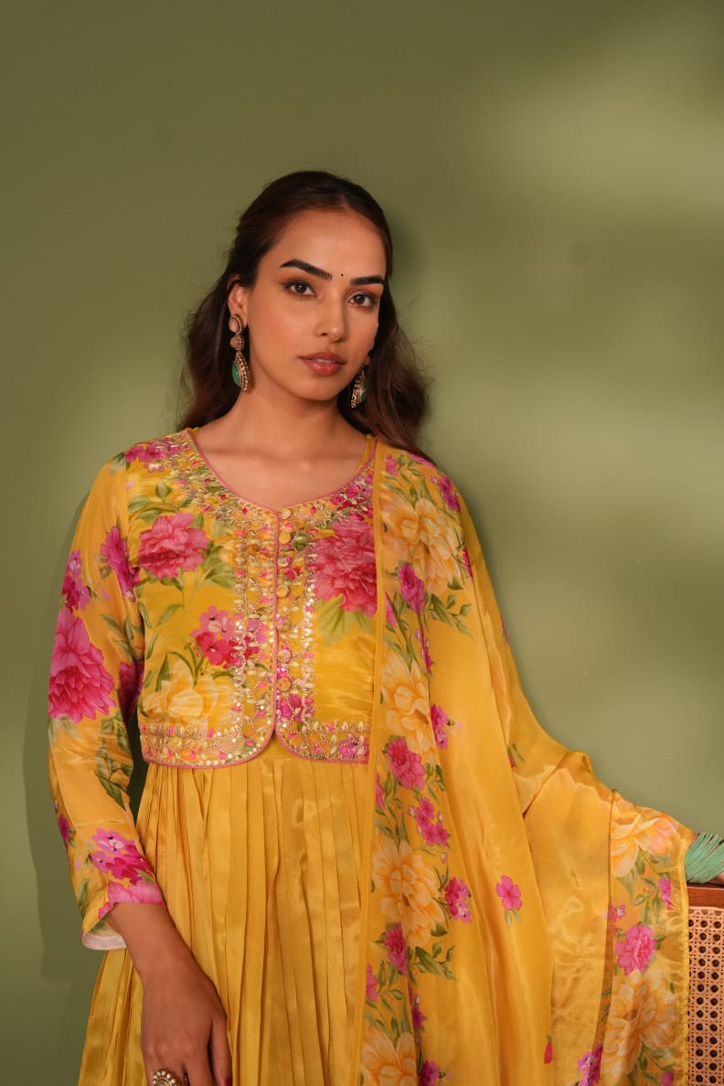 Yellow and White Stylish Chinon Anarkali Cum Gown with Jacket (4 pc set)