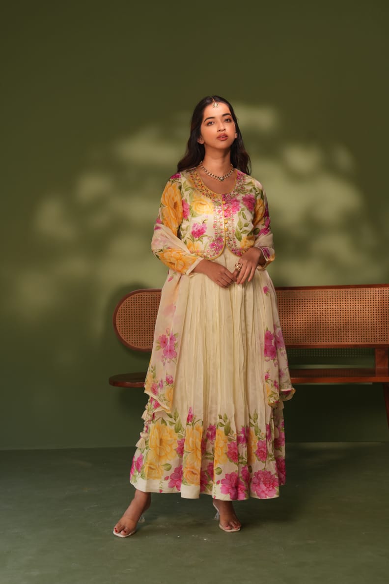 Yellow and White Stylish Chinon Anarkali Cum Gown with Jacket (4 pc set)